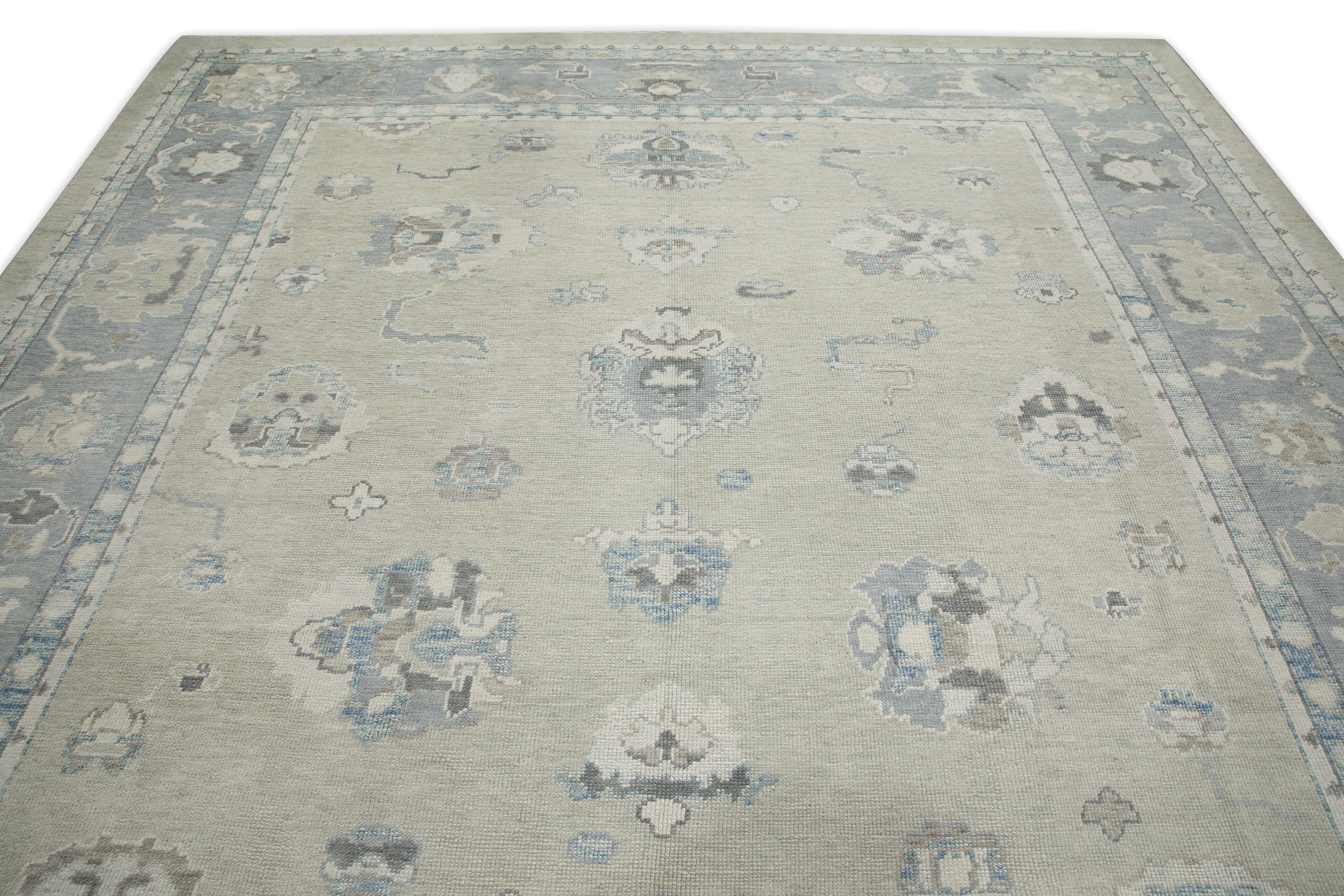 Handgewebter türkischer Oushak-Teppich aus Wolle in Blau & Grün mit Blumenmuster 10' X 13'11