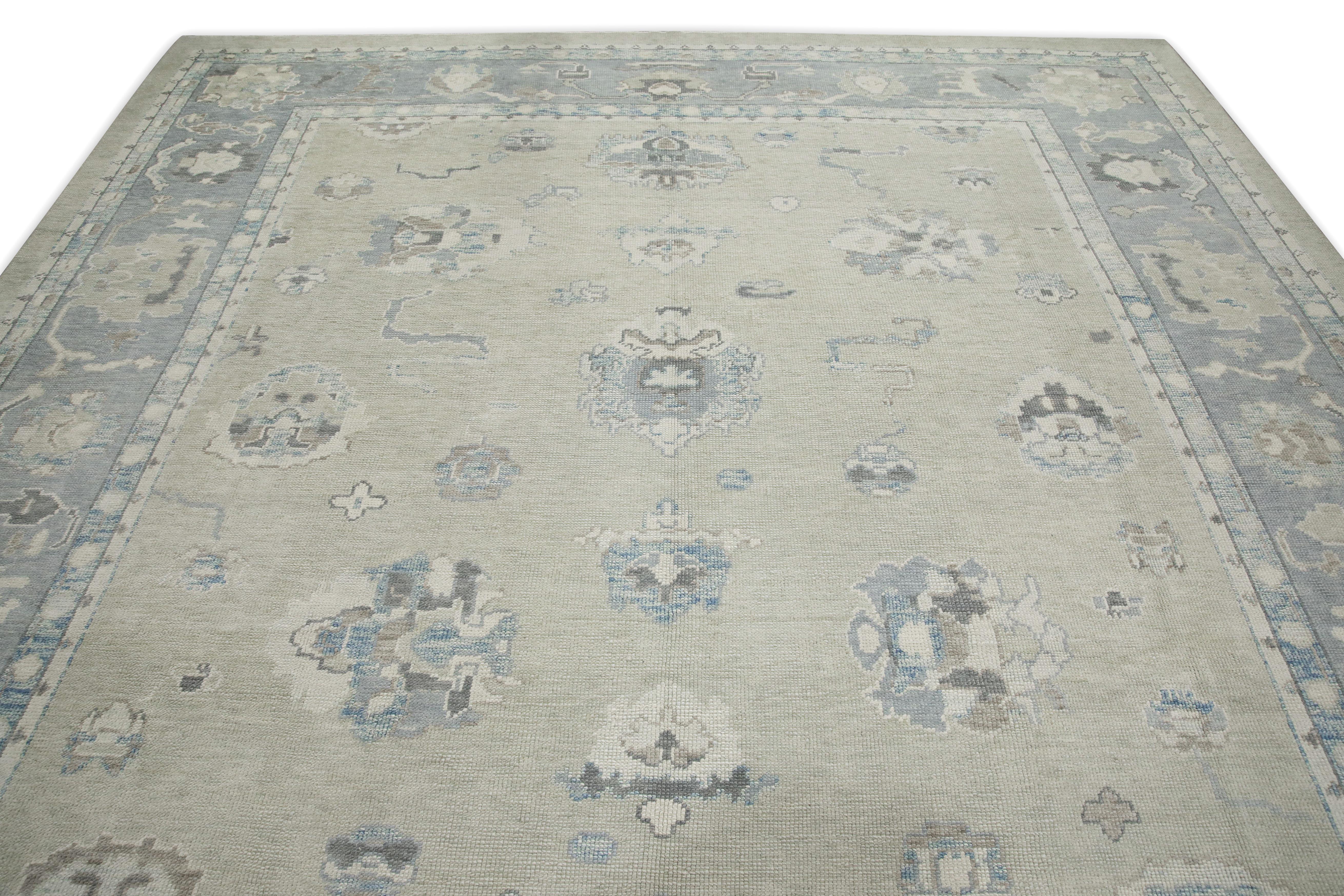 Blue & Green Floral Design Handwoven Wool Turkish Oushak Rug 10' X 13'11