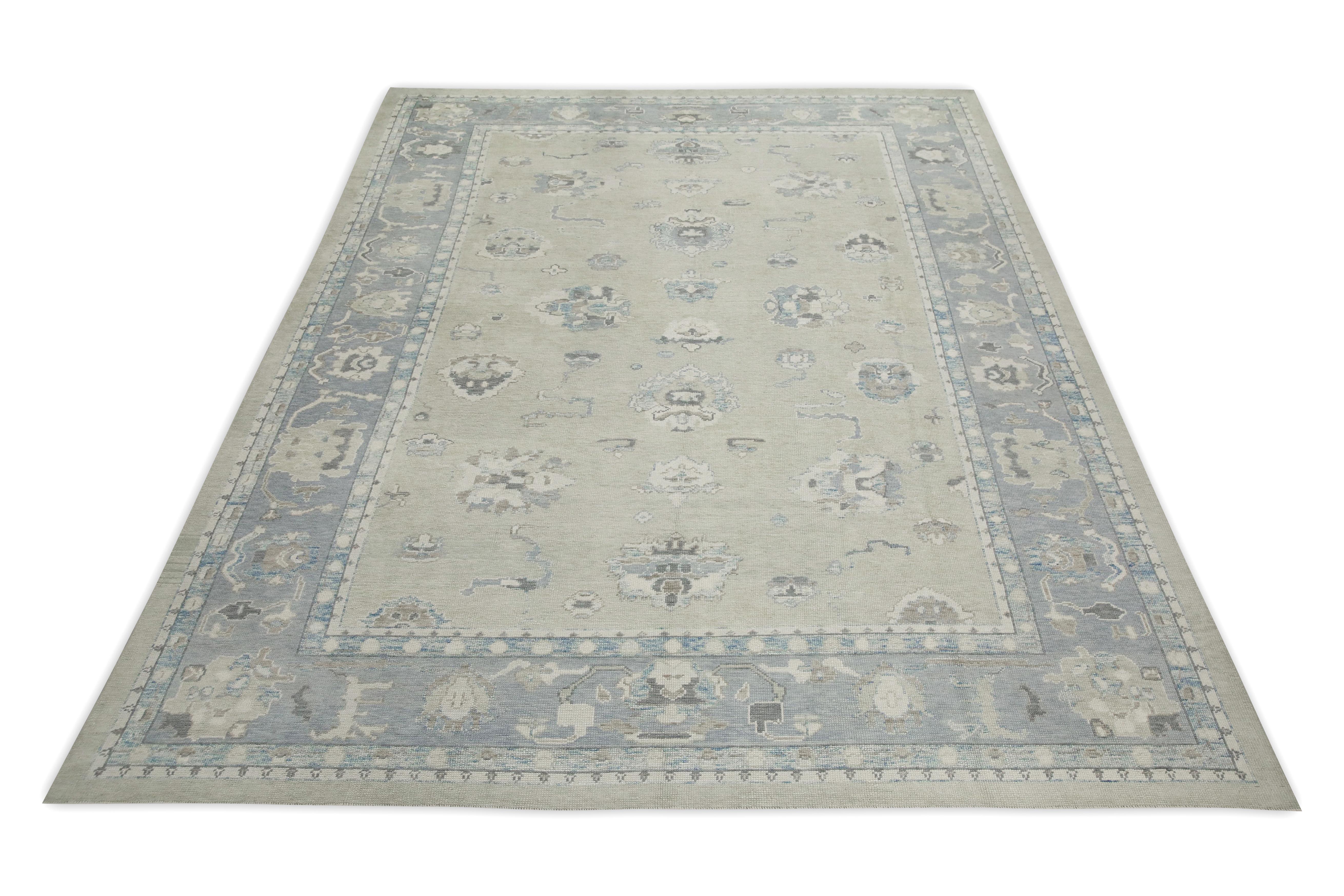 Handgewebter türkischer Oushak-Teppich aus Wolle in Blau & Grün mit Blumenmuster 10' X 13'11