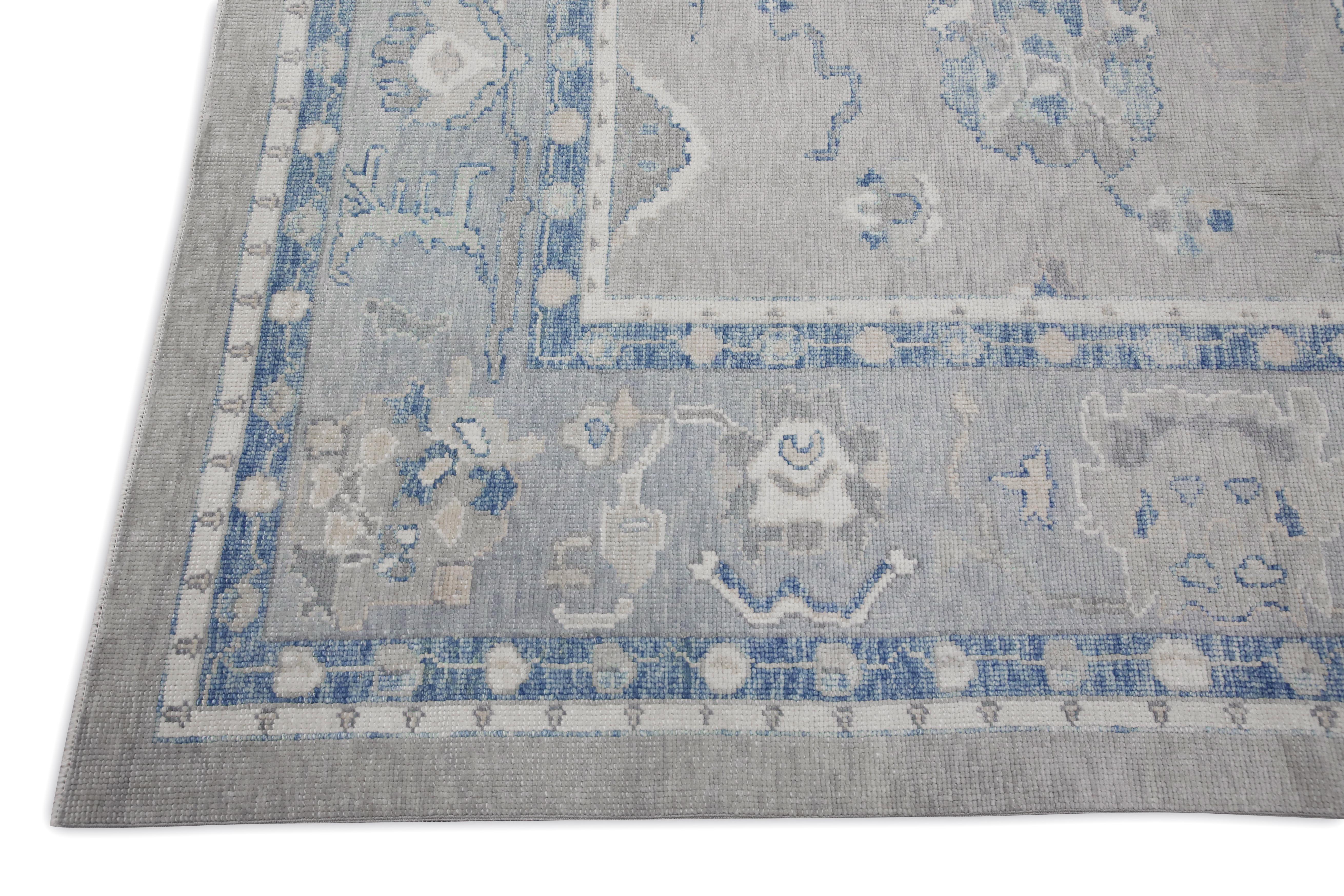 Vegetable Dyed Blue & Green Floral Design Handwoven Wool Turkish Oushak Rug 10'1
