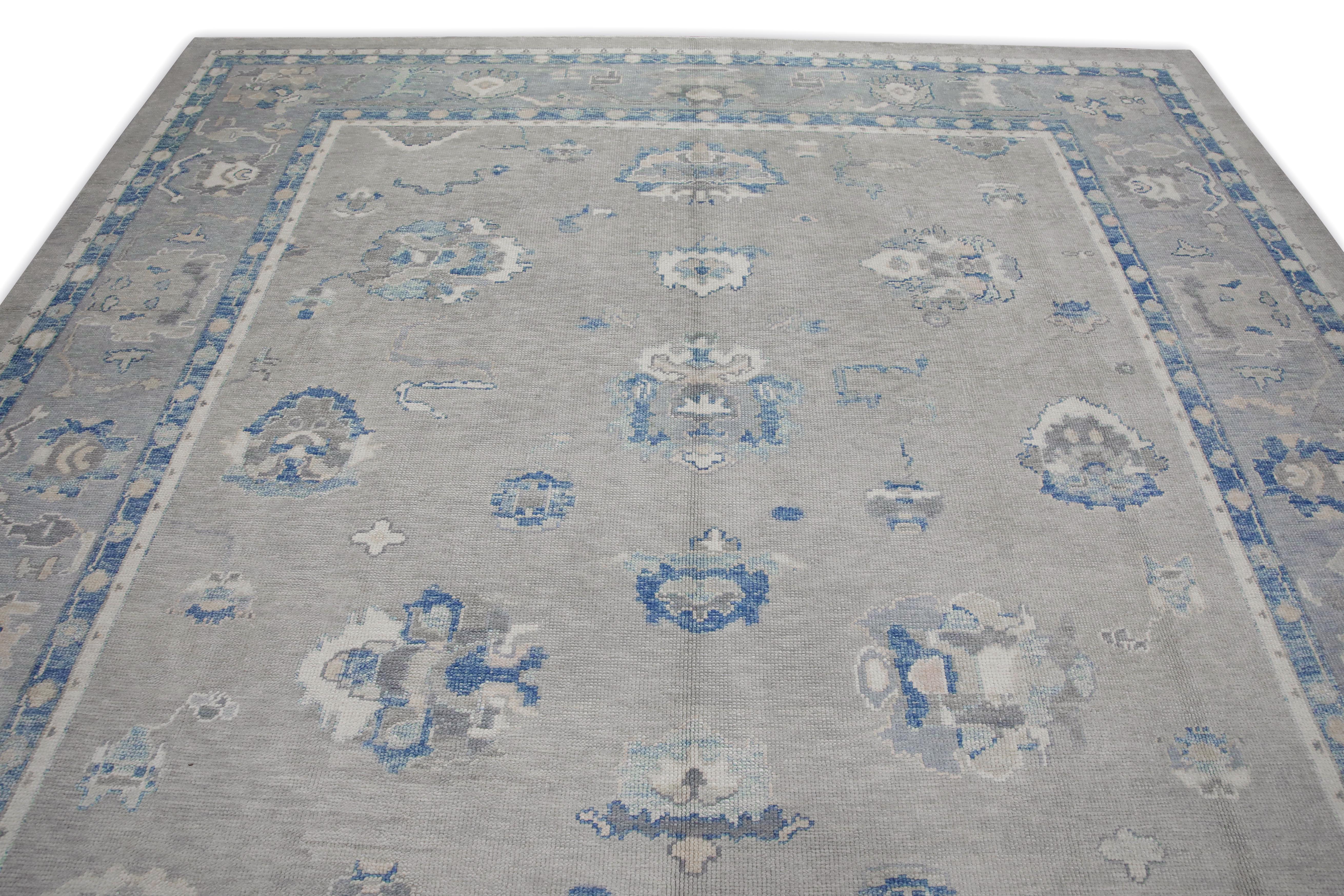 Blue & Green Floral Design Handwoven Wool Turkish Oushak Rug 10'1