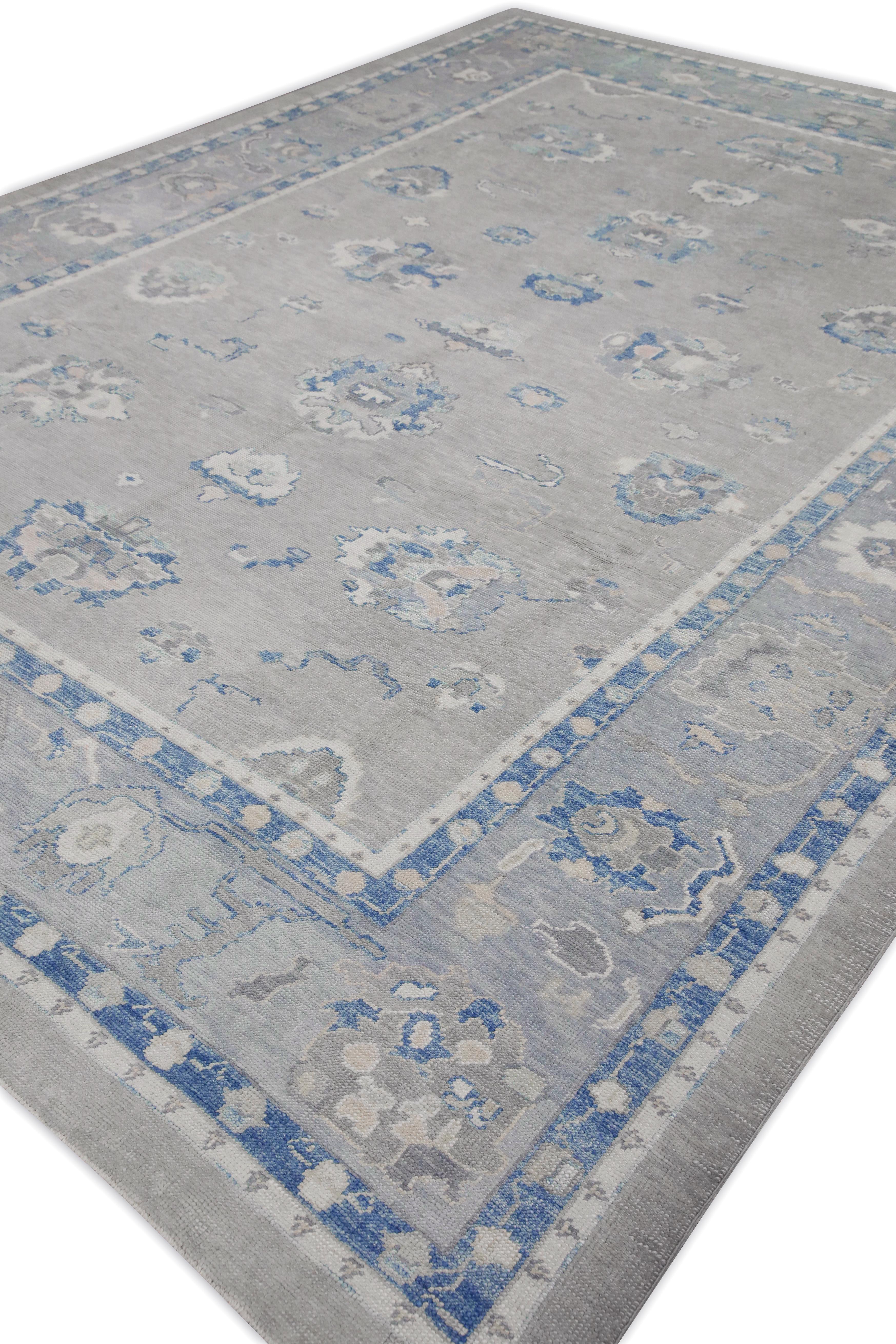Contemporary Blue & Green Floral Design Handwoven Wool Turkish Oushak Rug 10'1