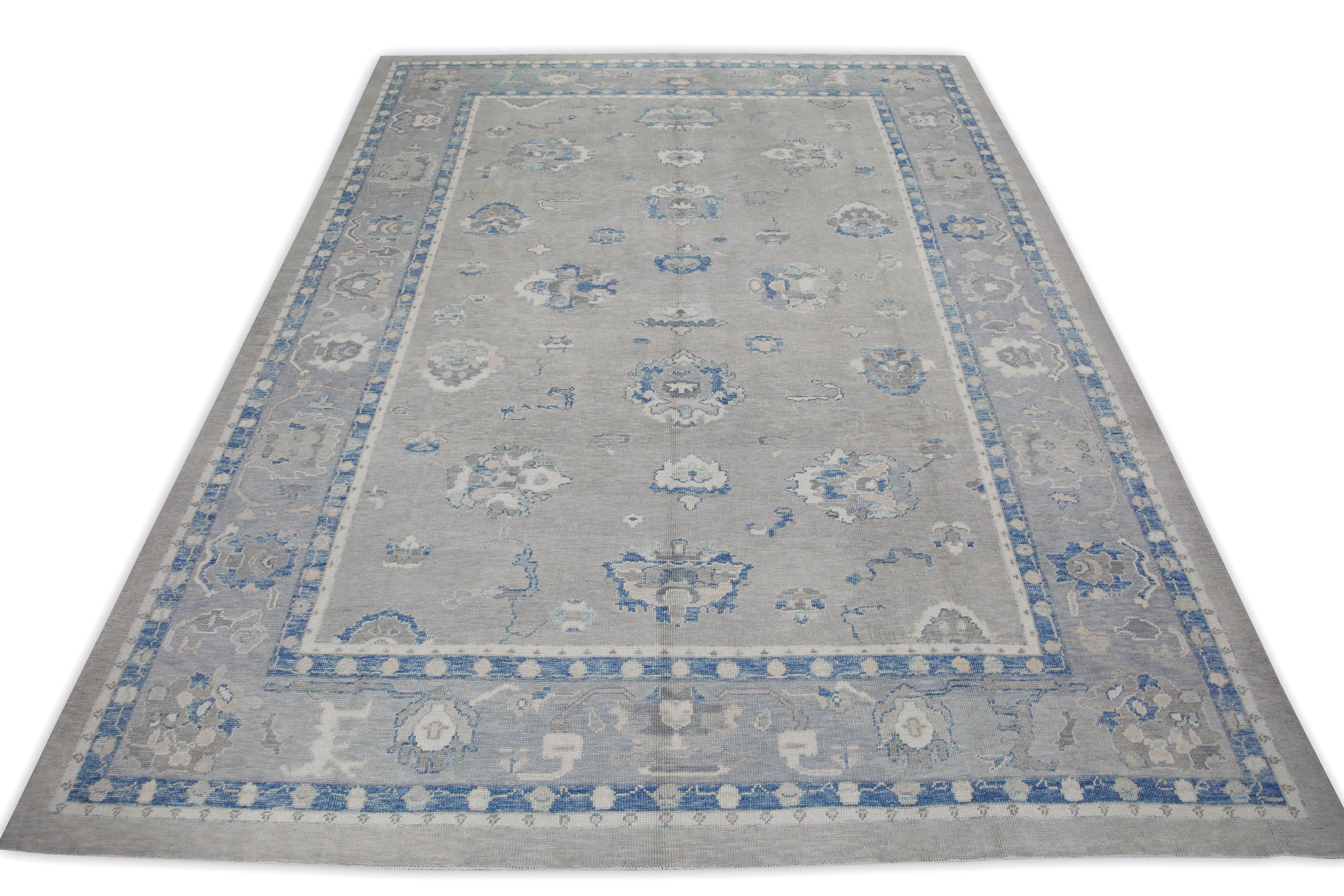 Blue & Green Floral Design Handwoven Wool Turkish Oushak Rug 10'1