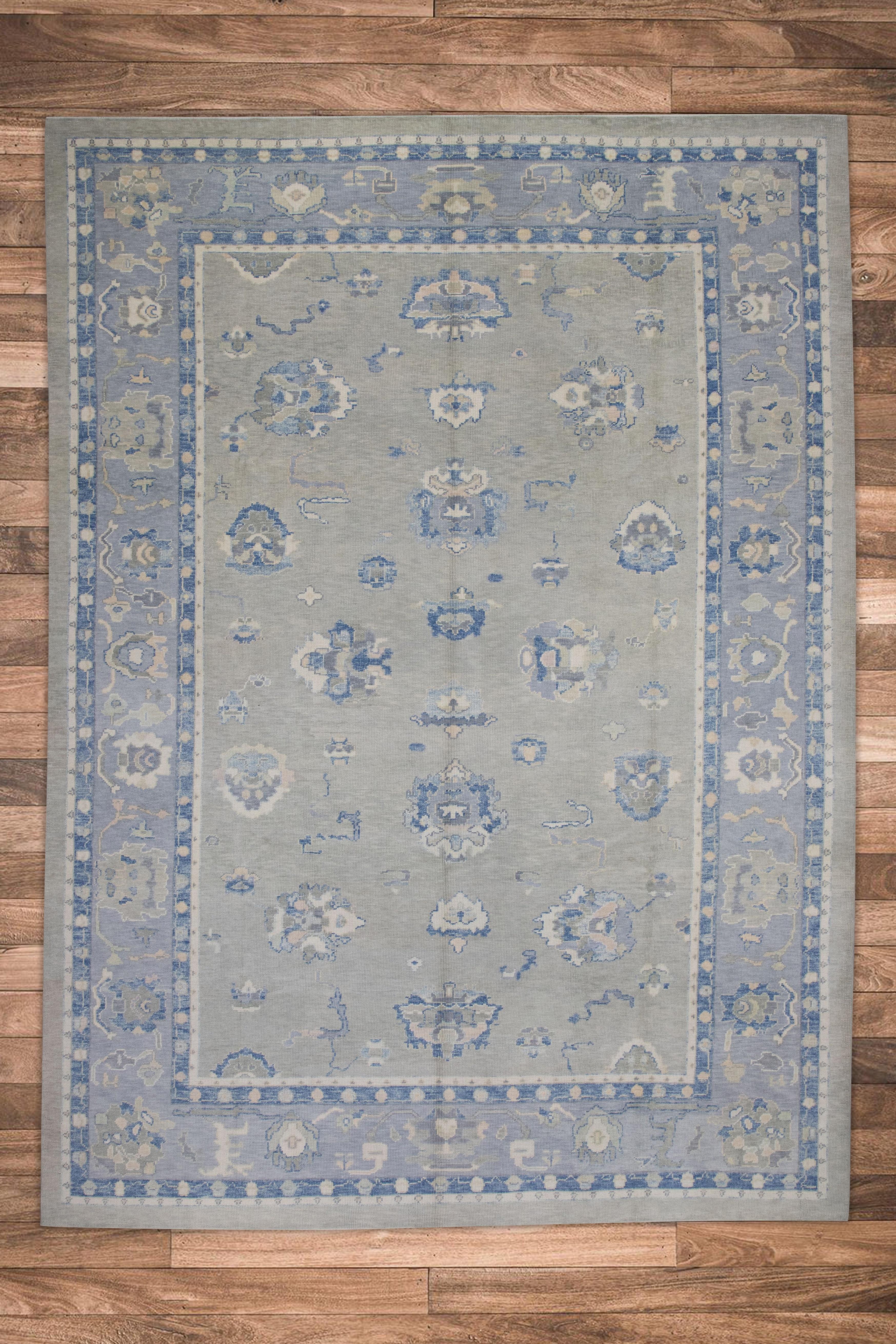 Blue & Green Floral Design Handwoven Wool Turkish Oushak Rug 10'1