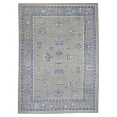 Handgewebter türkischer Oushak-Teppich aus Wolle in Blau & Grün mit Blumenmuster 10'1" X 13'10"
