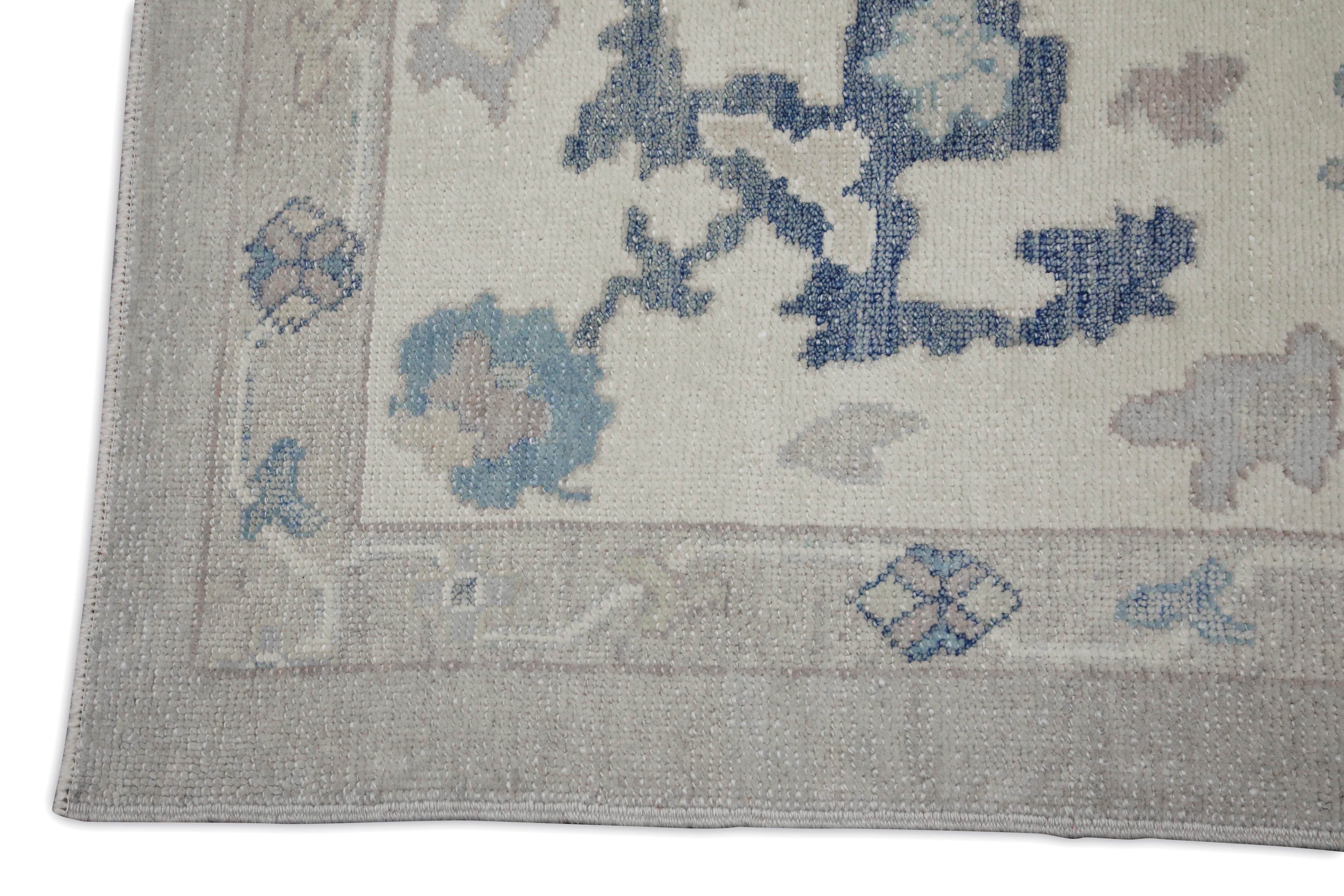 Handgewebter türkischer Oushak-Teppich aus Wolle in Blau & Grün mit Blumenmuster 11'7