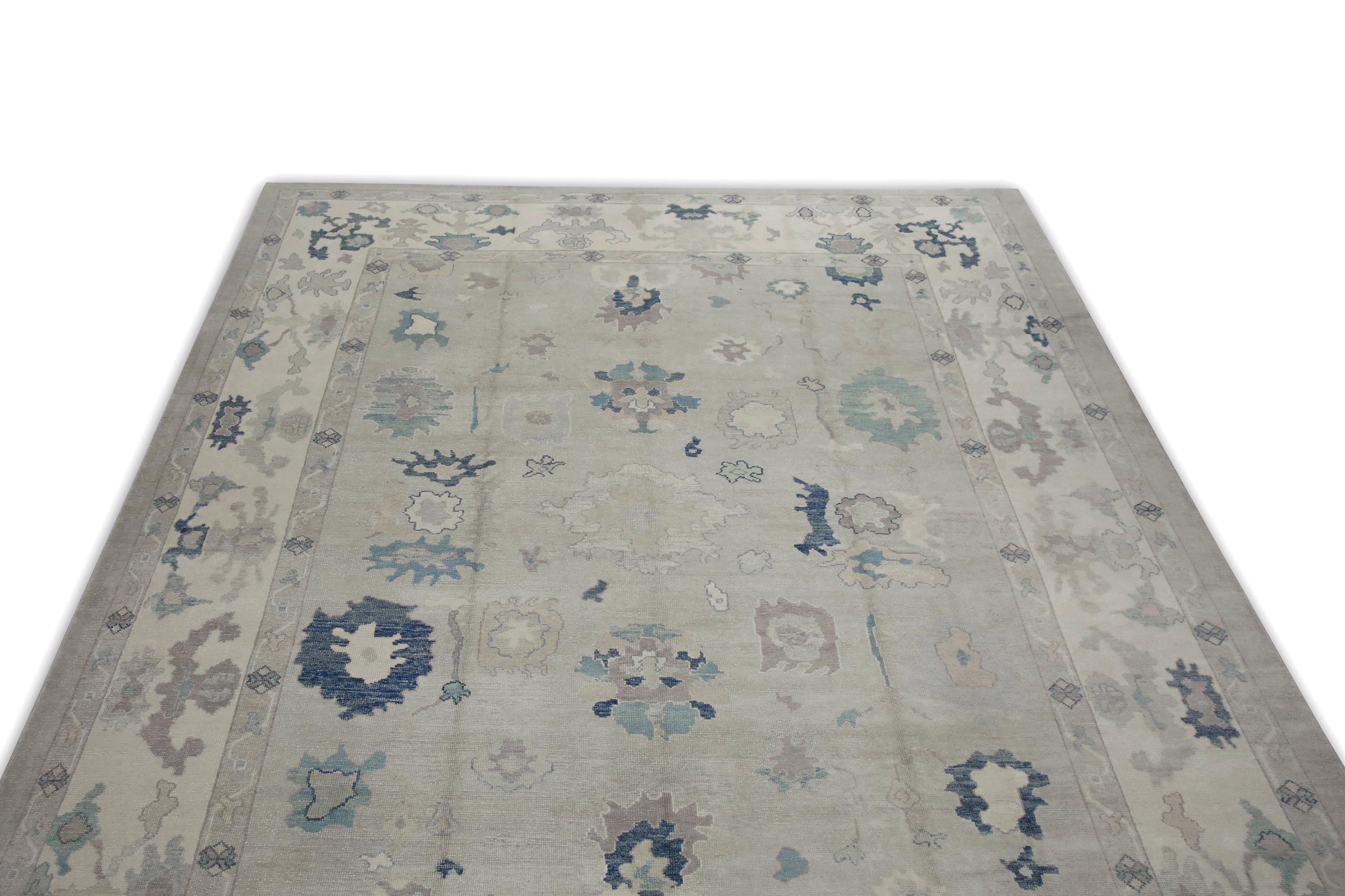 Handgewebter türkischer Oushak-Teppich aus Wolle in Blau & Grün mit Blumenmuster 11'7