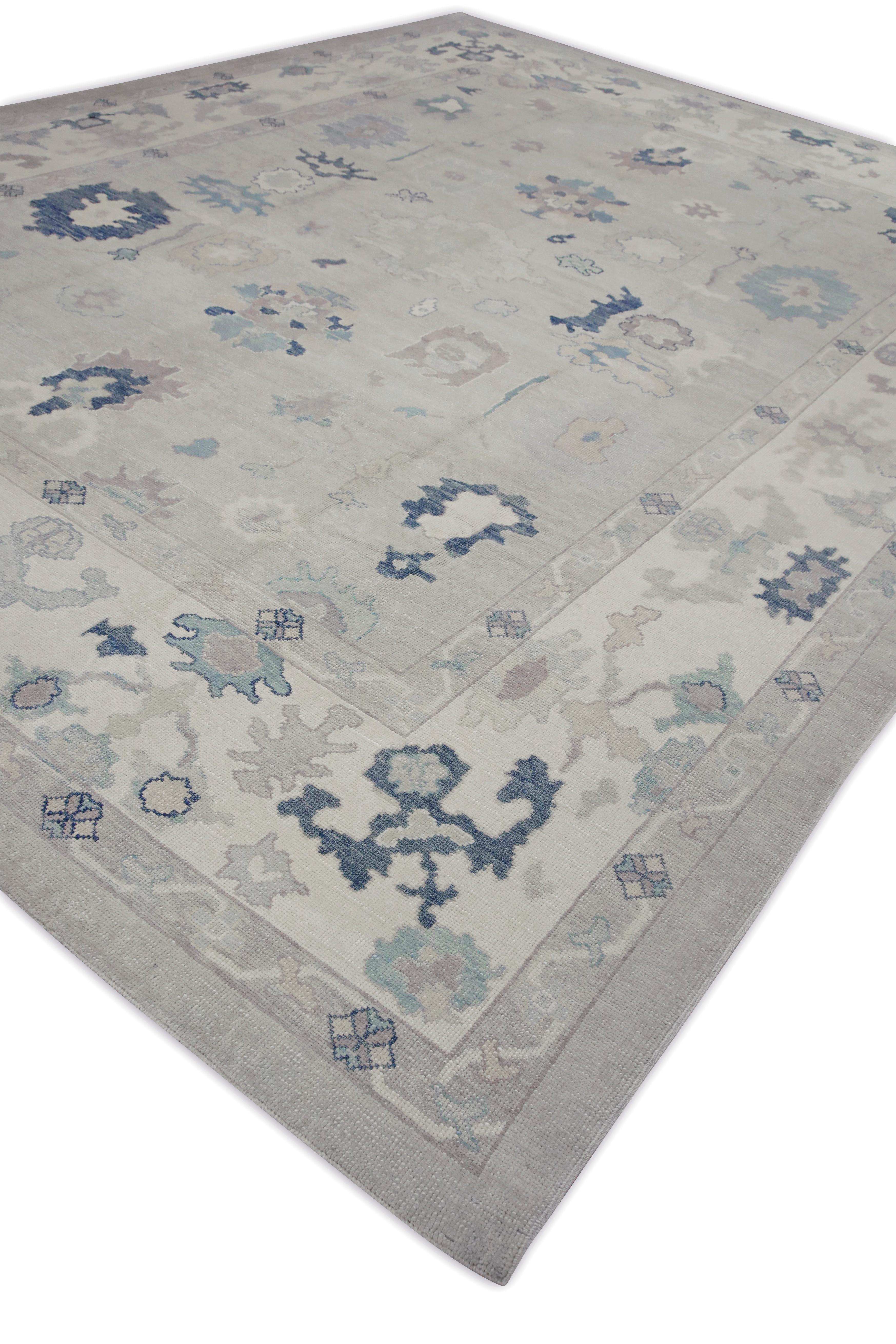 Handgewebter türkischer Oushak-Teppich aus Wolle in Blau & Grün mit Blumenmuster 11'7