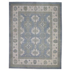 Blue & Green Floral Design Handwoven Wool Turkish Oushak Rug 12'1" X 15'6"