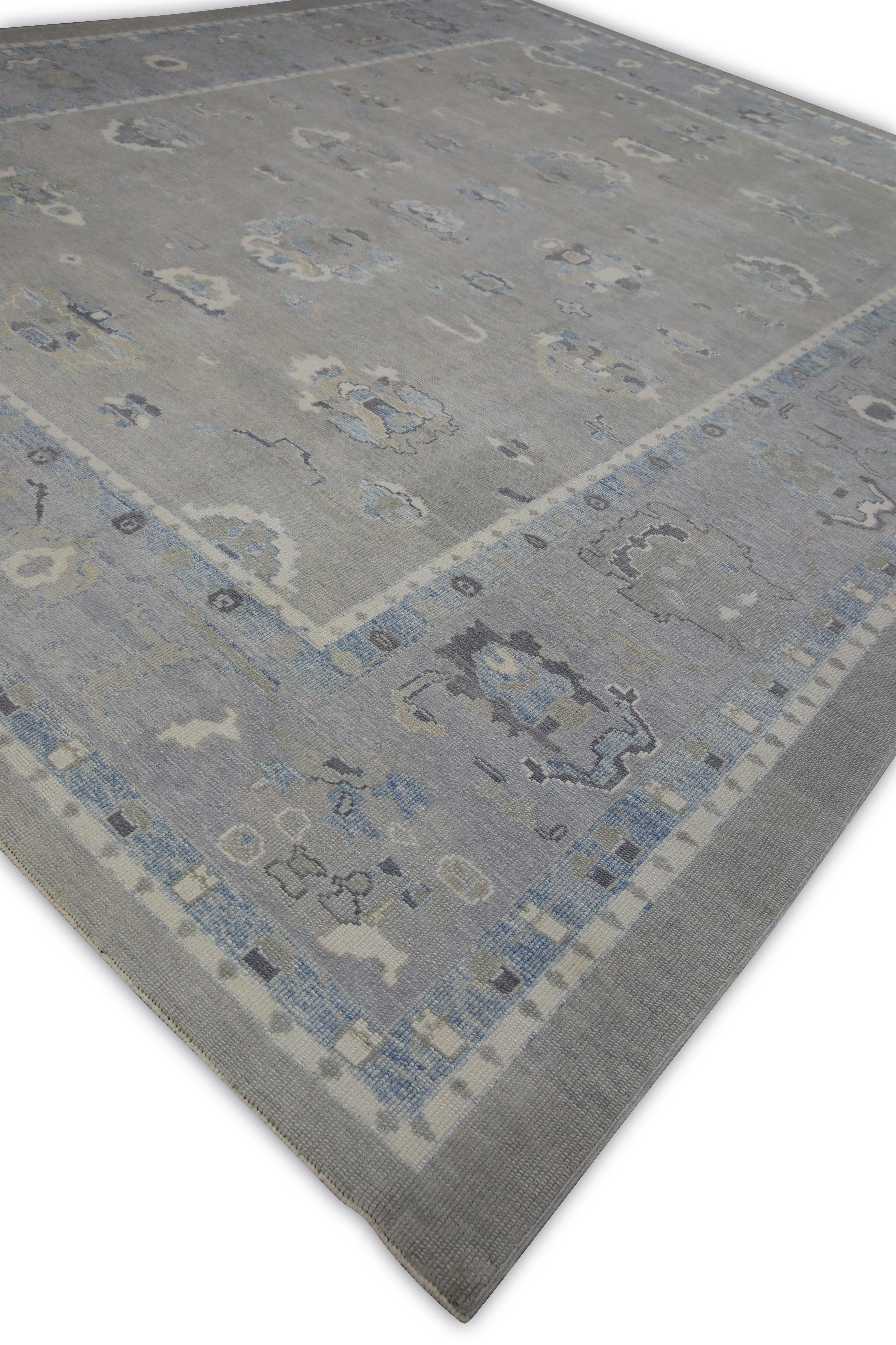 Handgewebter türkischer Oushak-Teppich aus Wolle in Blau & Grün mit Blumenmuster 12'6