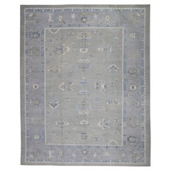 Tapis turc Oushak en laine tissé à la main à motifs floraux bleus et verts 12'6" X 15'2"