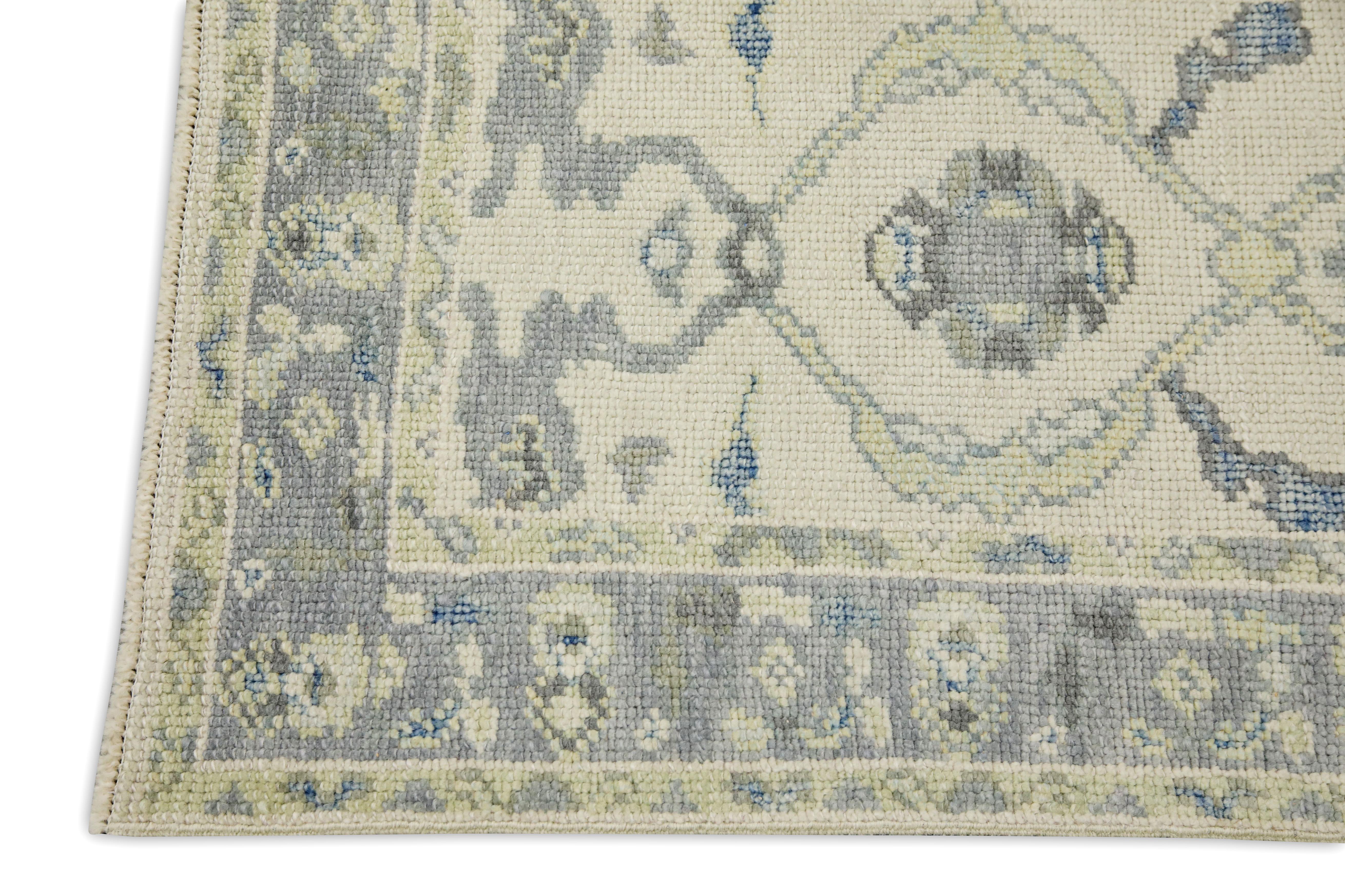 Hand-Woven Blue & Green Floral Design Handwoven Wool Turkish Oushak Rug For Sale