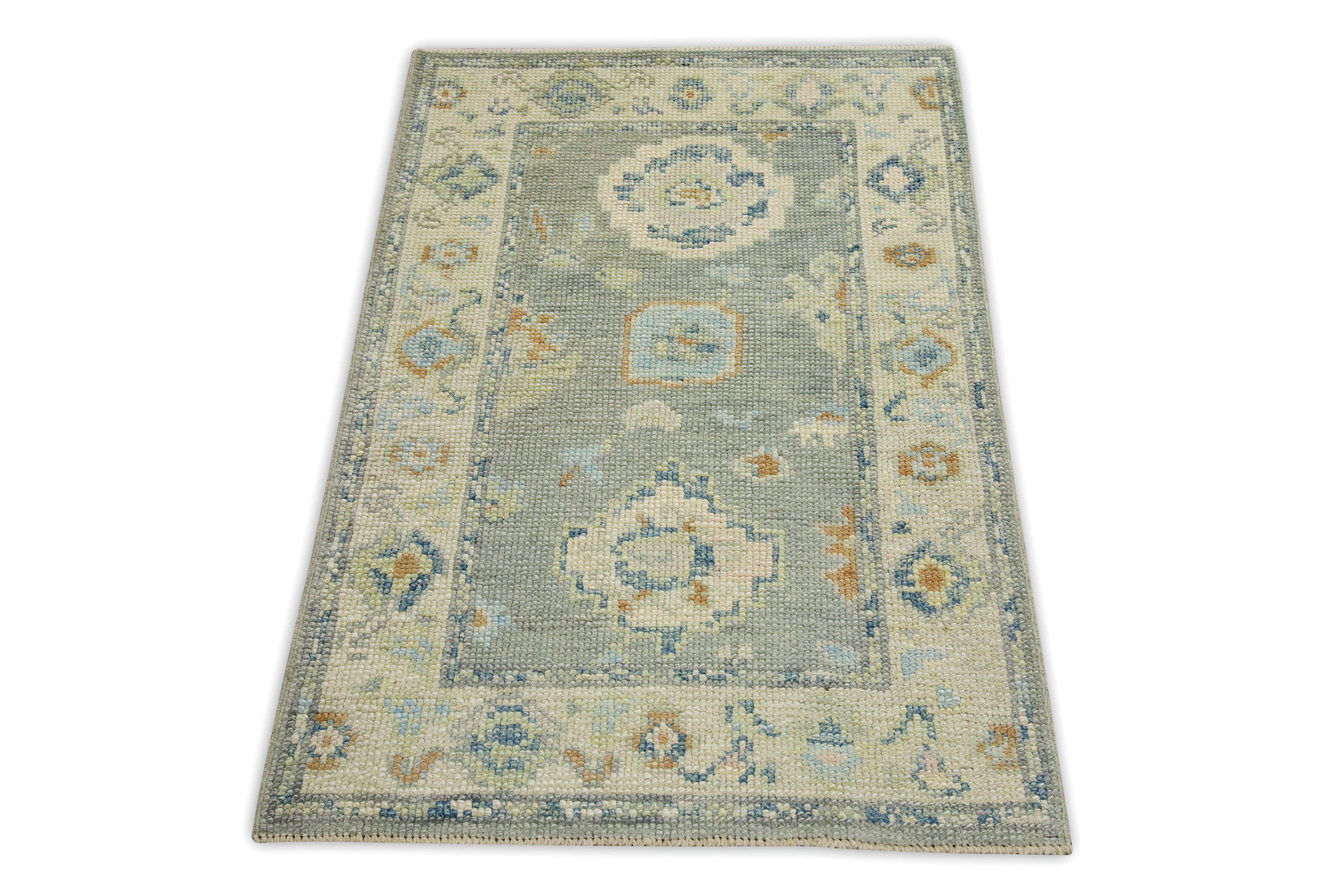 Blue & Green Floral Design Handwoven Wool Turkish Oushak Rug In New Condition For Sale In Houston, TX