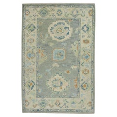 Blue & Green Floral Design Handwoven Wool Turkish Oushak Rug