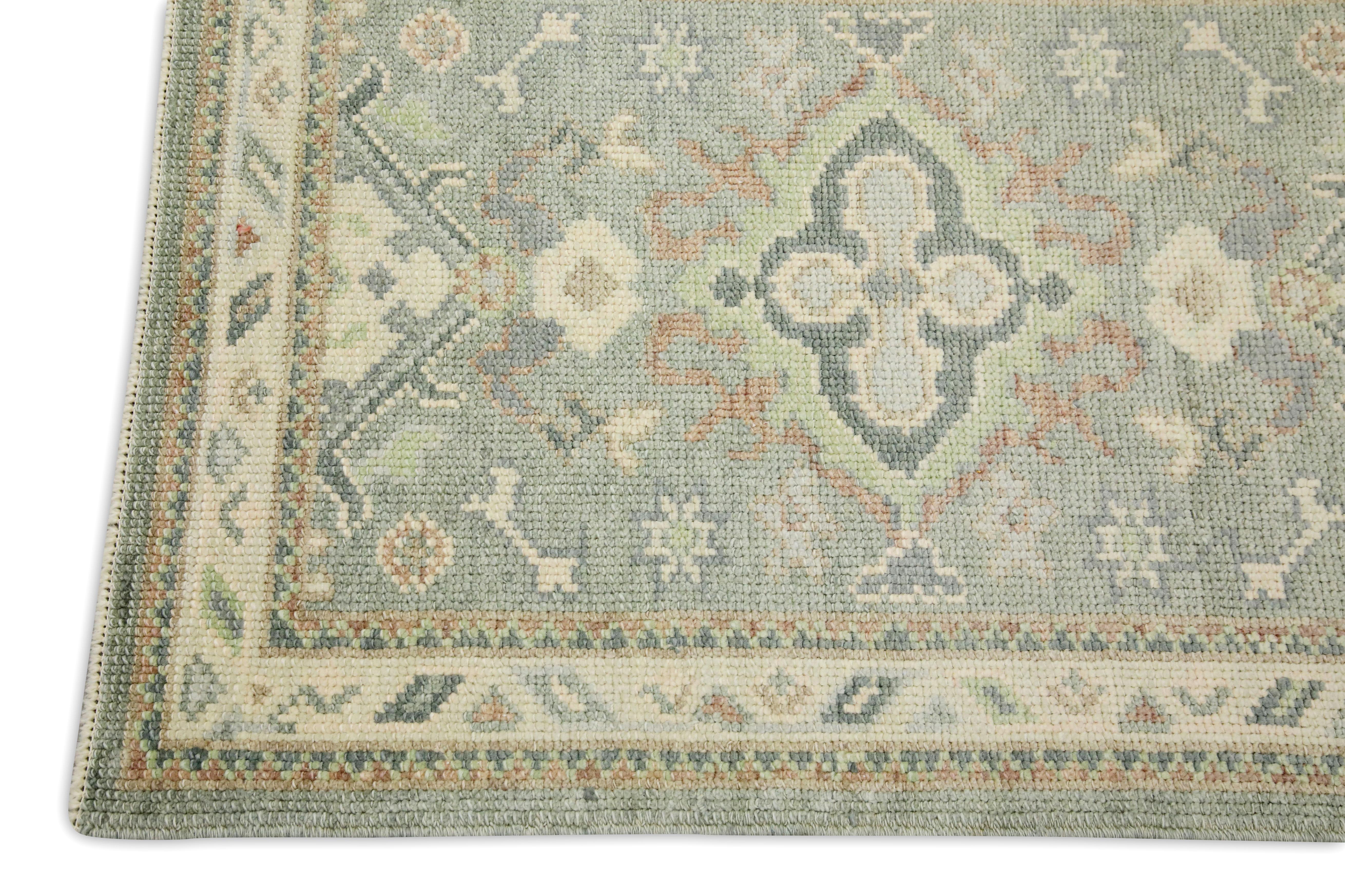 Vegetable Dyed Blue & Green Floral Design Handwoven Wool Turkish Oushak Rug For Sale
