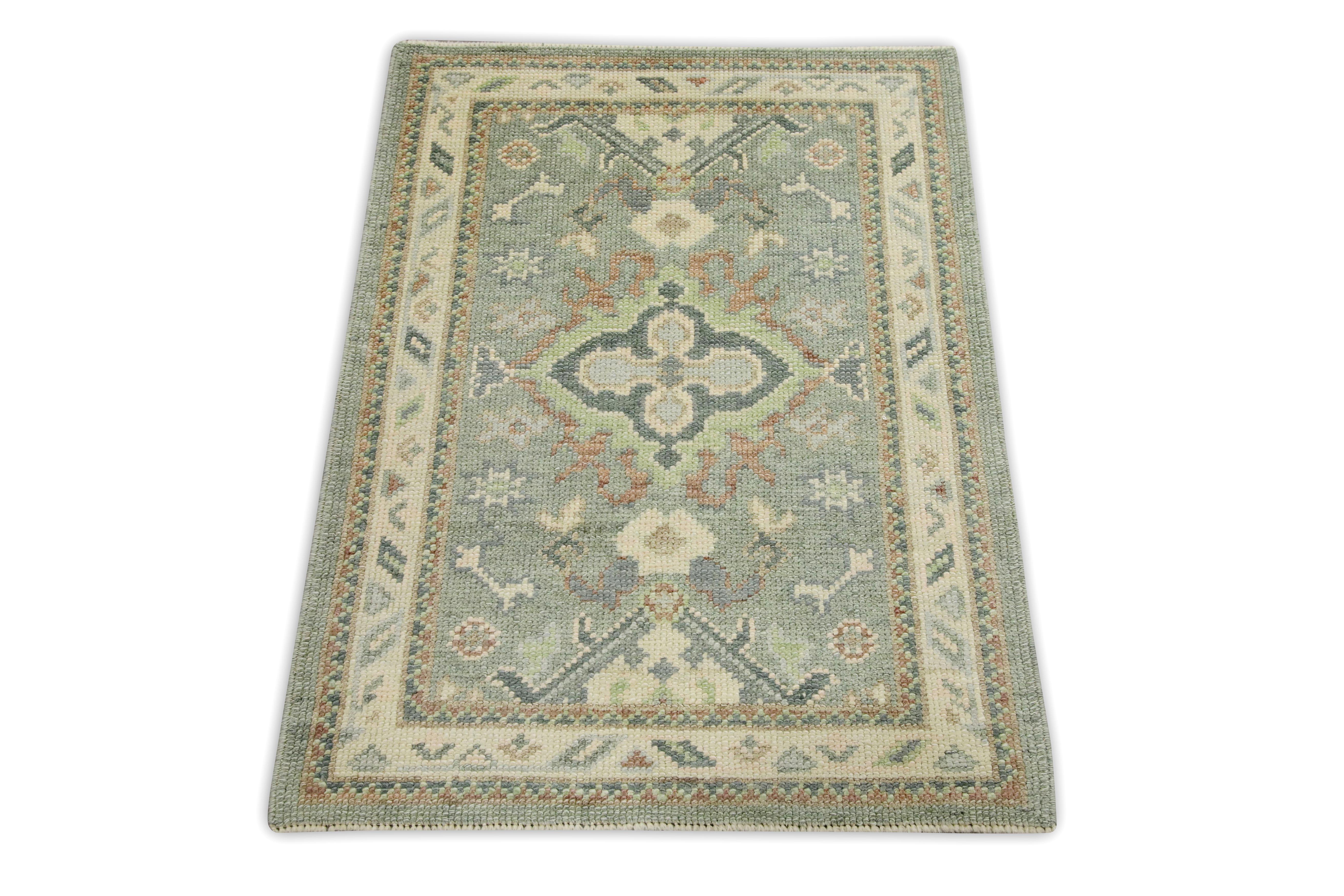Blue & Green Floral Design Handwoven Wool Turkish Oushak Rug In New Condition For Sale In Houston, TX