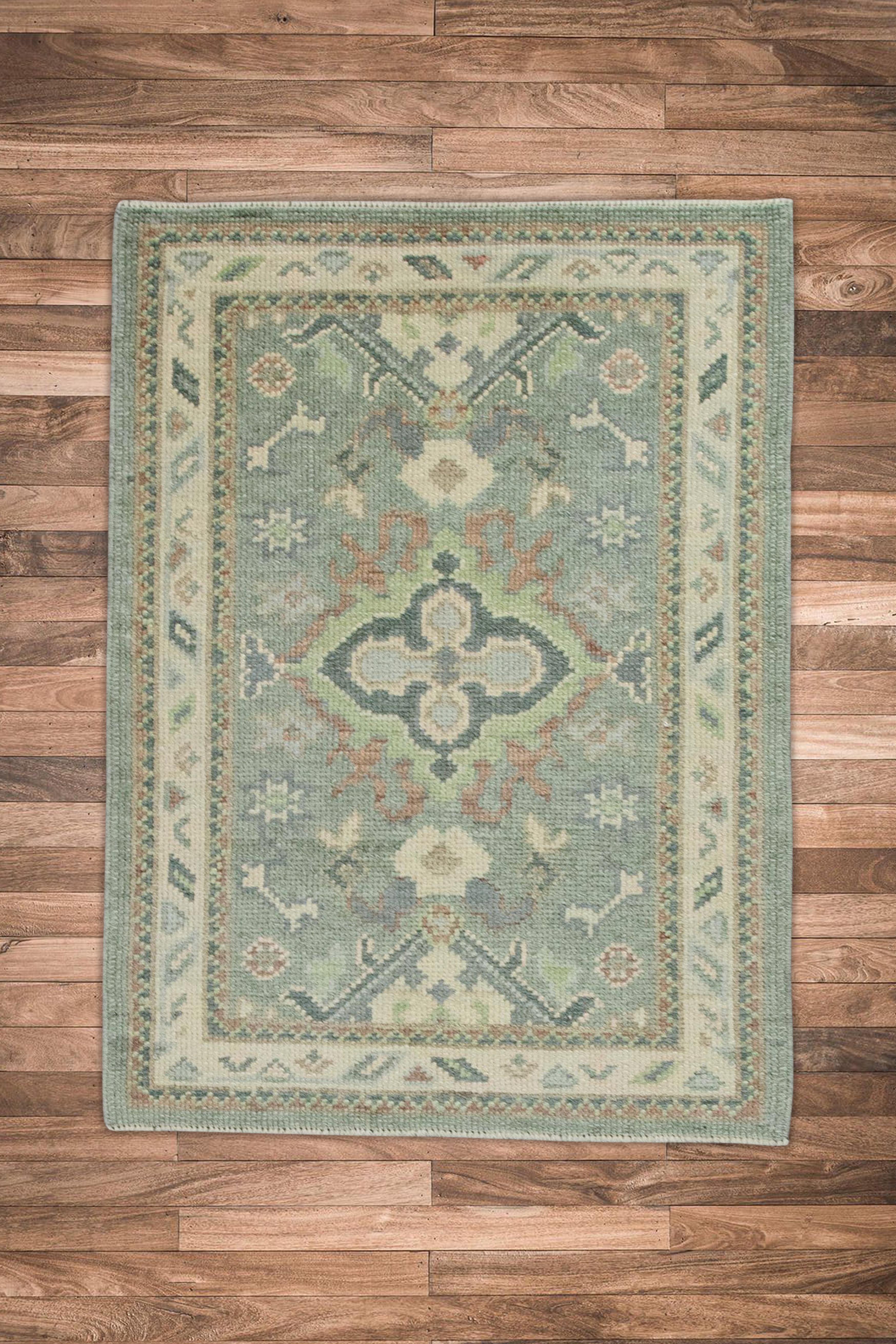 Contemporary Blue & Green Floral Design Handwoven Wool Turkish Oushak Rug For Sale