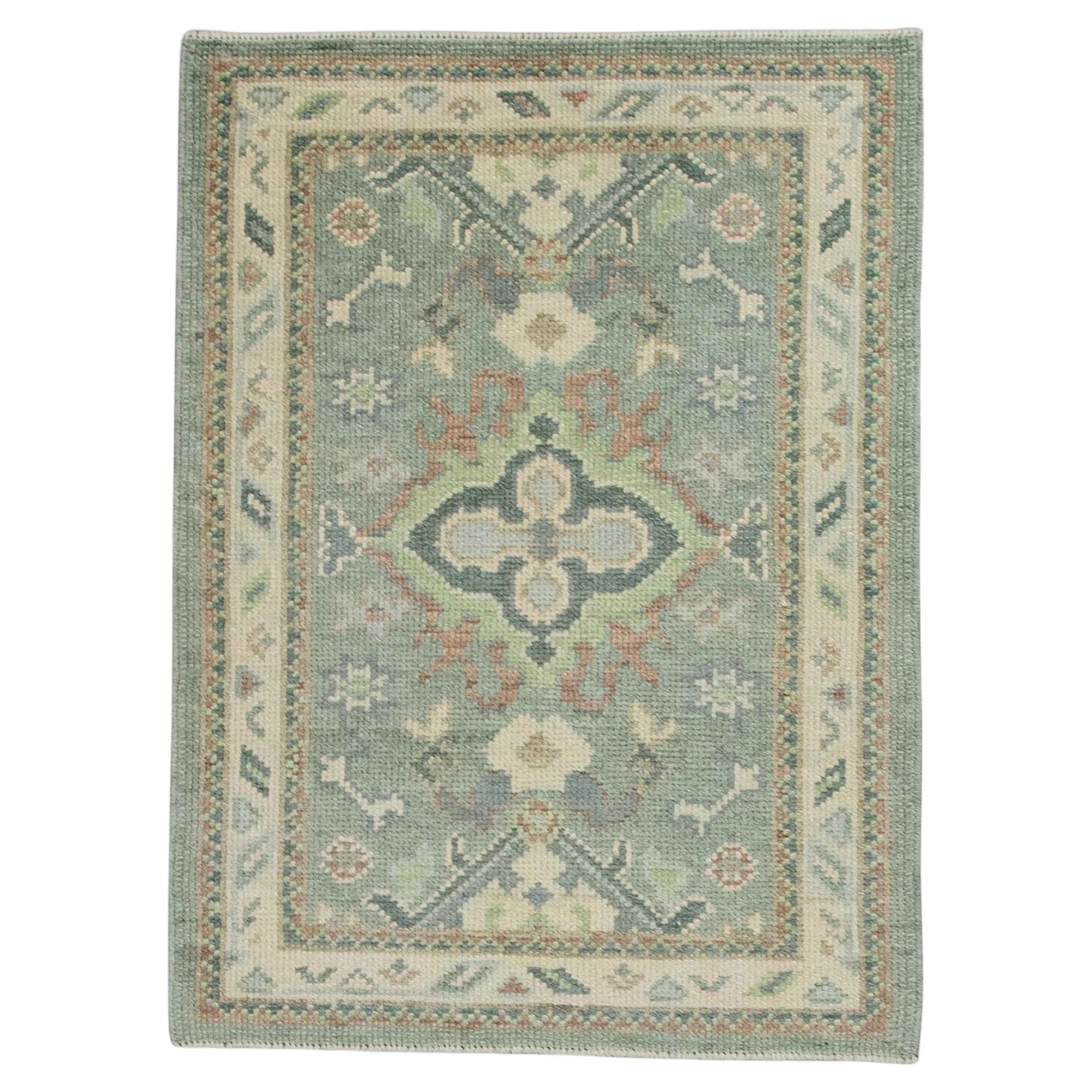 Blue & Green Floral Design Handwoven Wool Turkish Oushak Rug