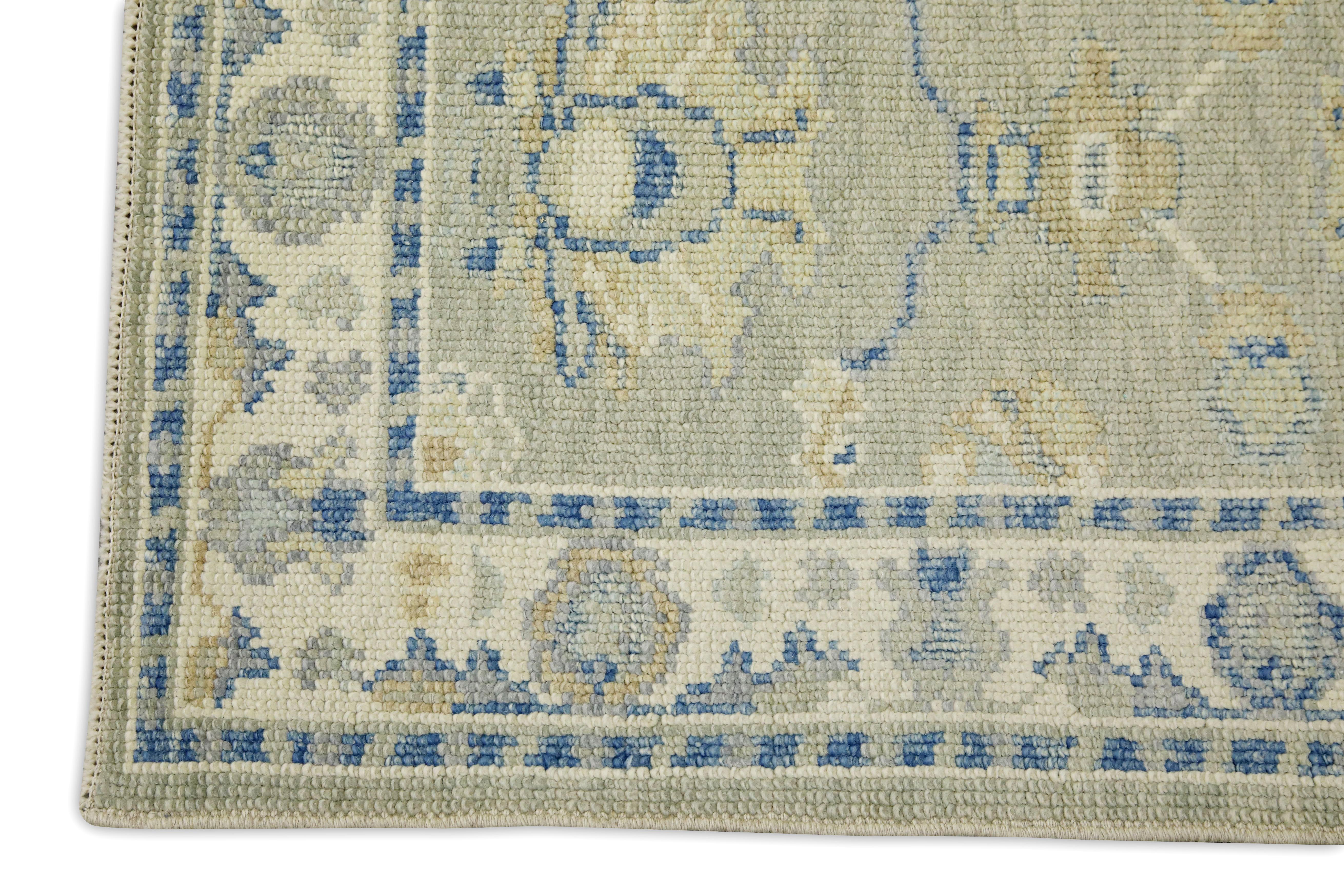 Hand-Woven Blue & Green Floral Design Handwoven Wool Turkish Oushak Rug For Sale