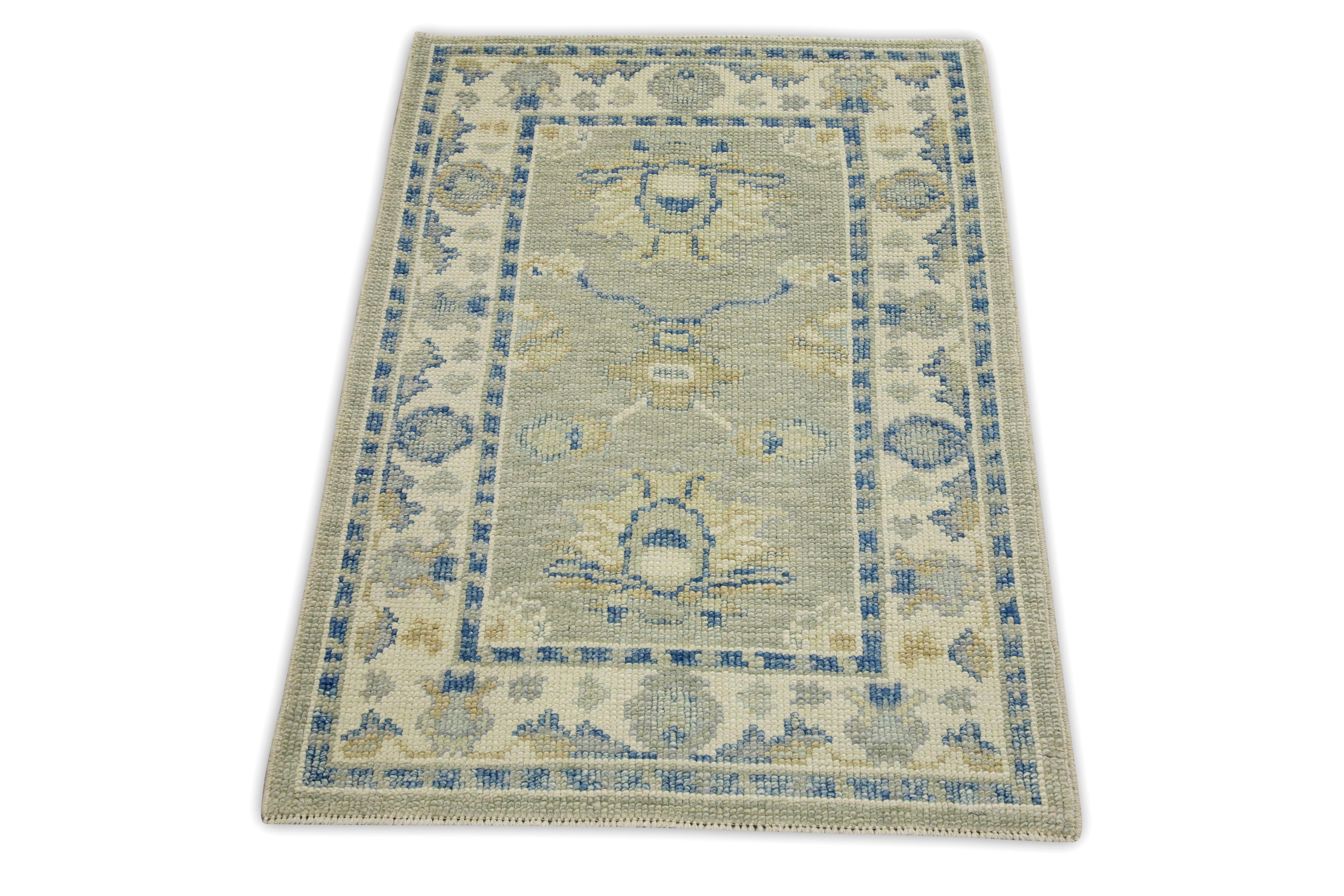 Blue & Green Floral Design Handwoven Wool Turkish Oushak Rug In New Condition For Sale In Houston, TX