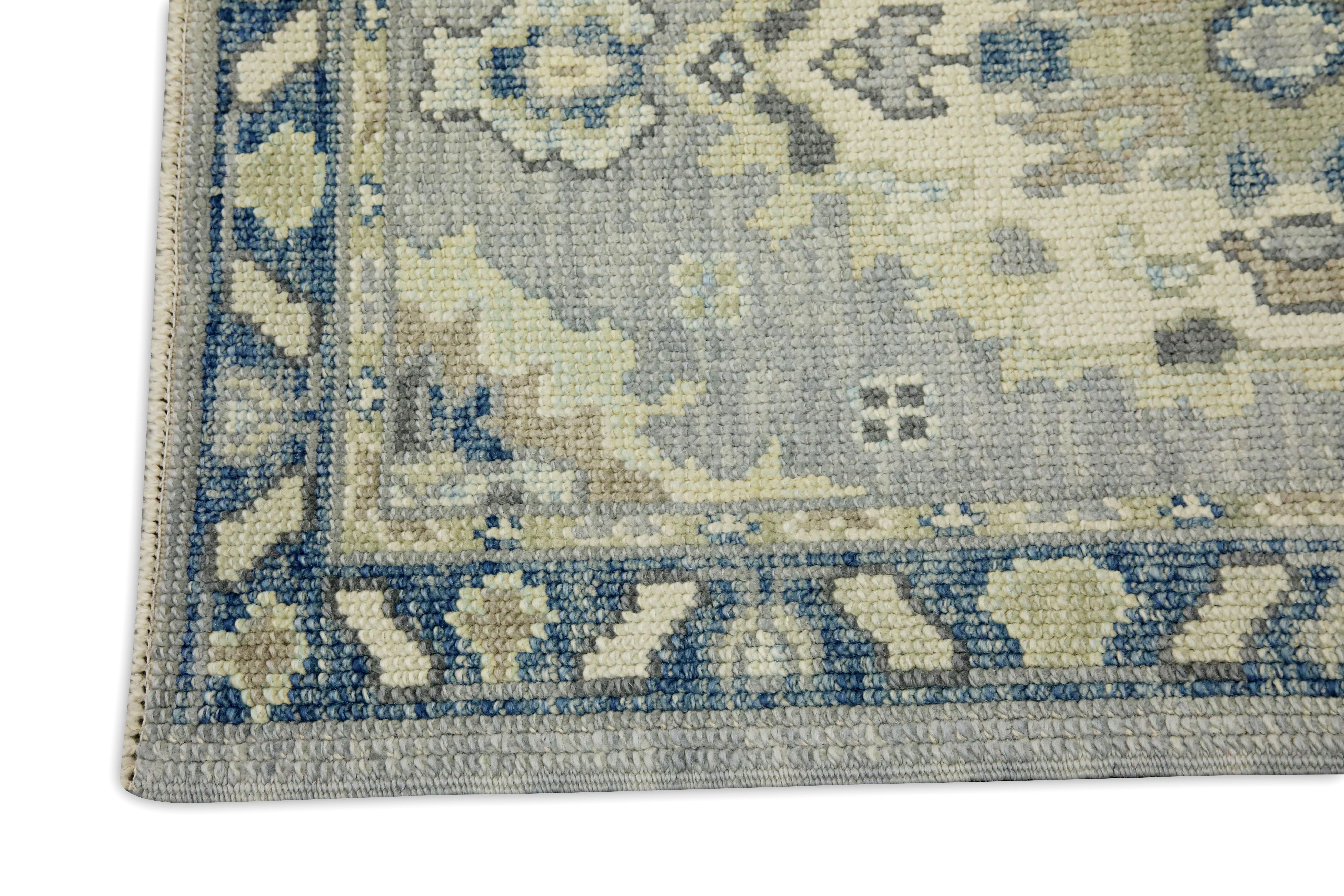 Vegetable Dyed Blue & Green Floral Design Handwoven Wool Turkish Oushak Rug For Sale