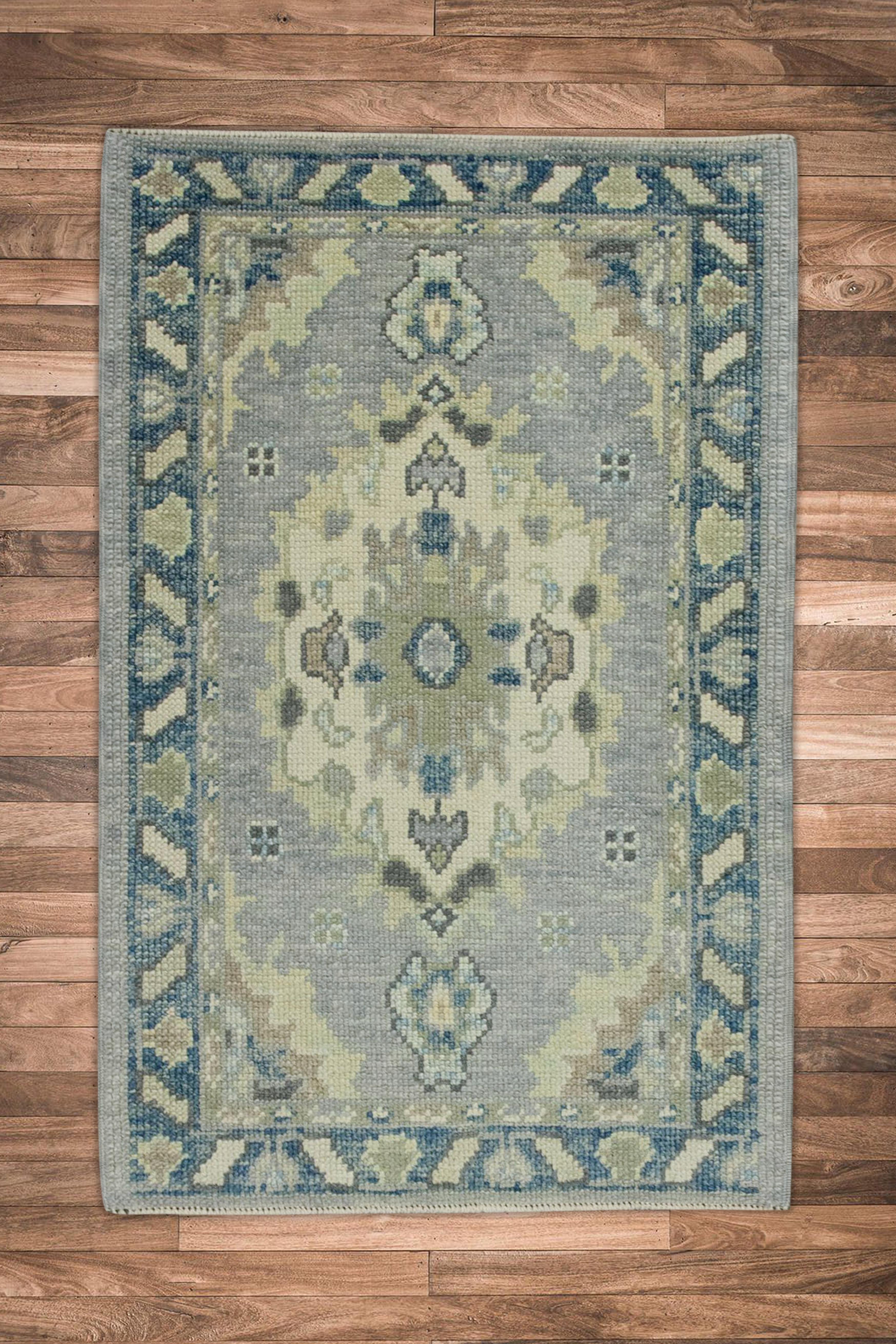 Contemporary Blue & Green Floral Design Handwoven Wool Turkish Oushak Rug For Sale