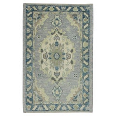 Blue & Green Floral Design Handwoven Wool Turkish Oushak Rug