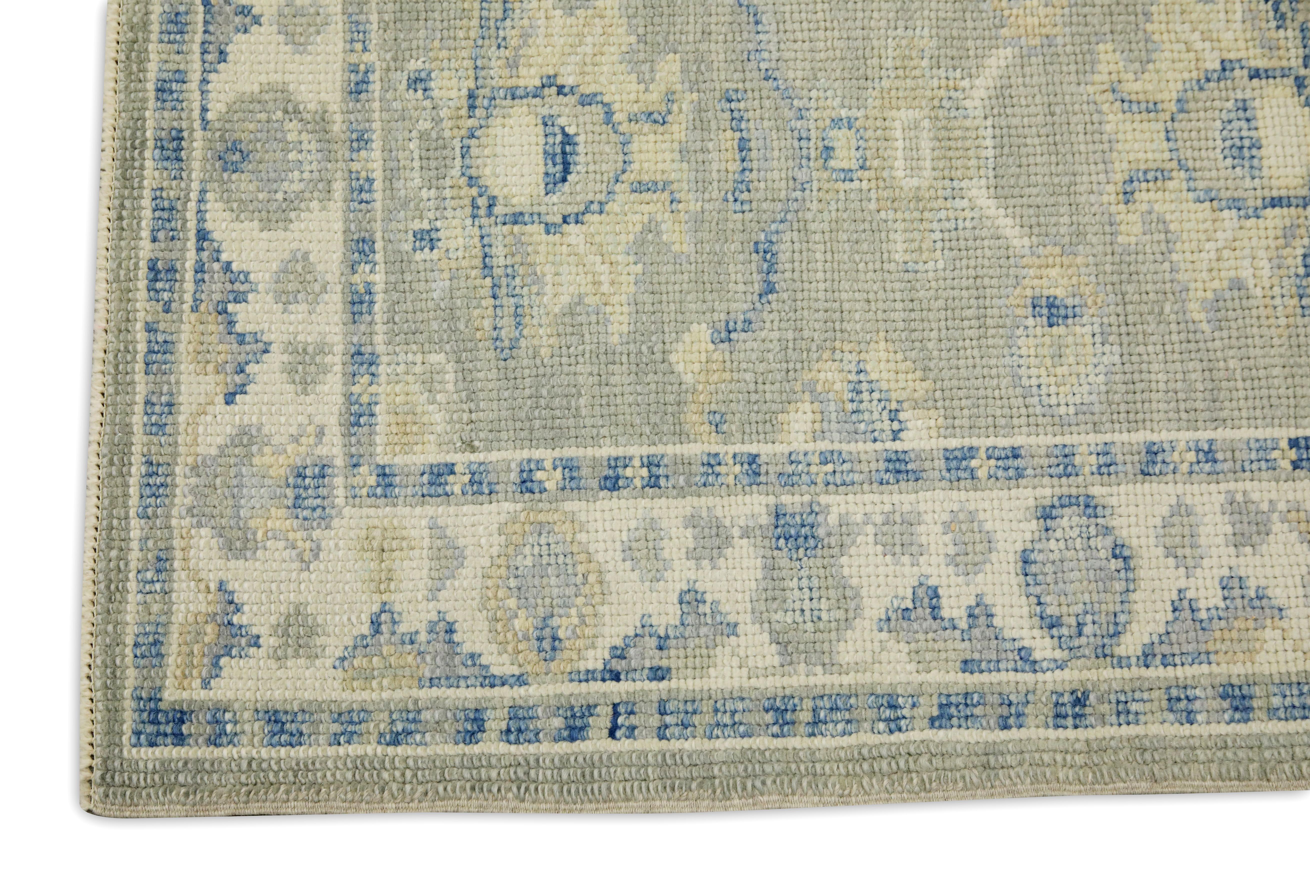 Hand-Woven Blue & Green Floral Design Handwoven Wool Turkish Oushak Rug For Sale