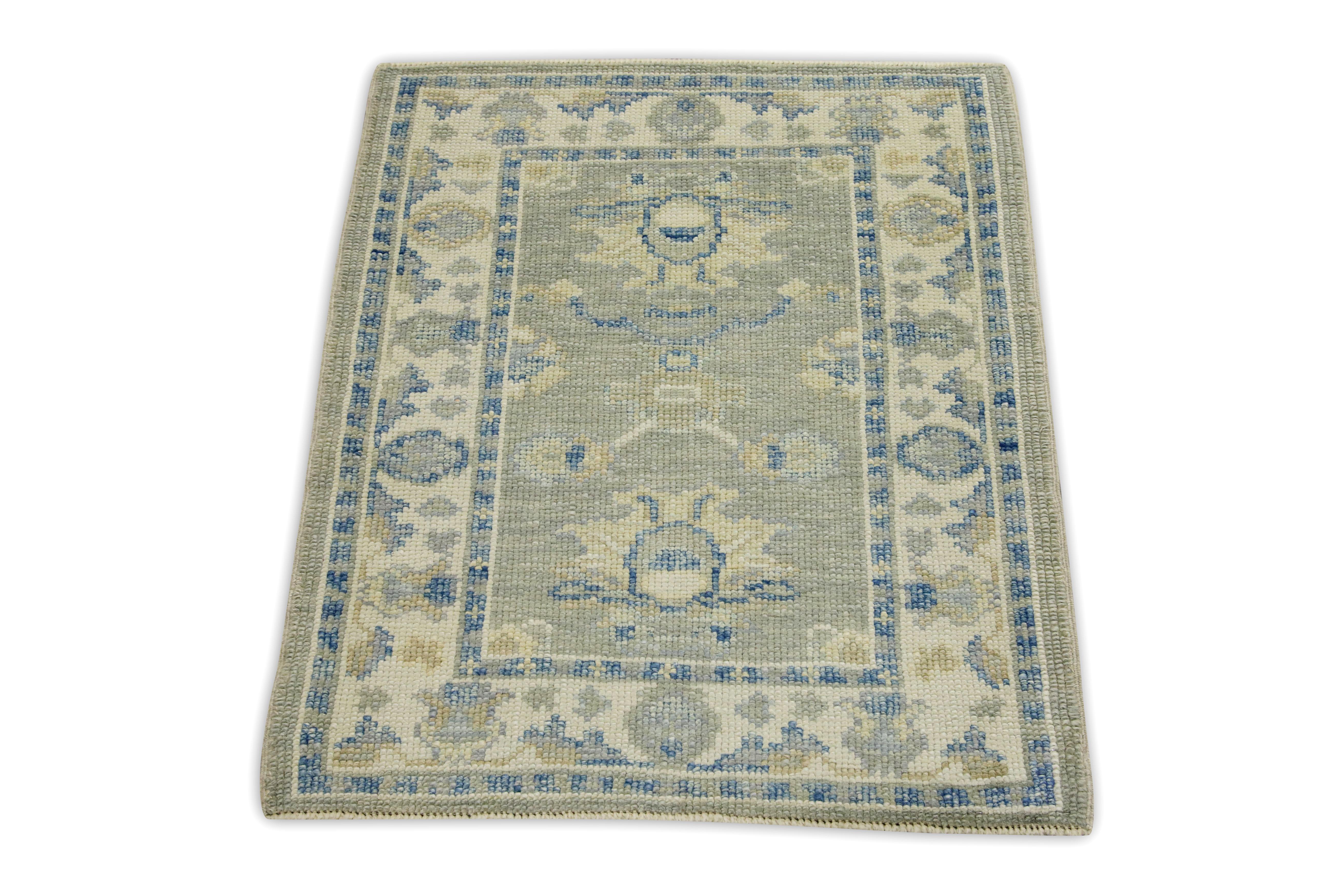 Blue & Green Floral Design Handwoven Wool Turkish Oushak Rug In New Condition For Sale In Houston, TX