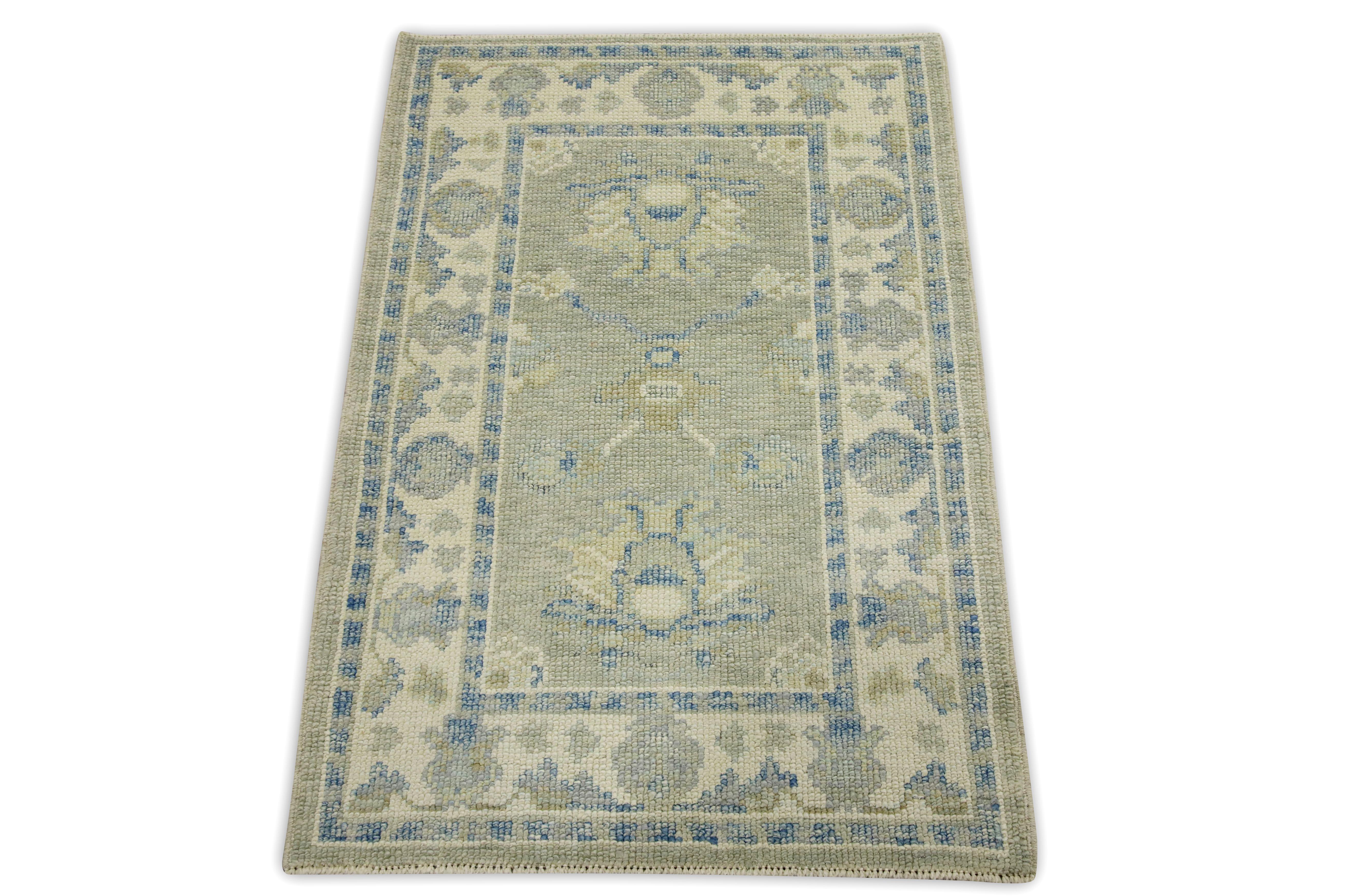 Blue & Green Floral Design Handwoven Wool Turkish Oushak Rug In New Condition For Sale In Houston, TX