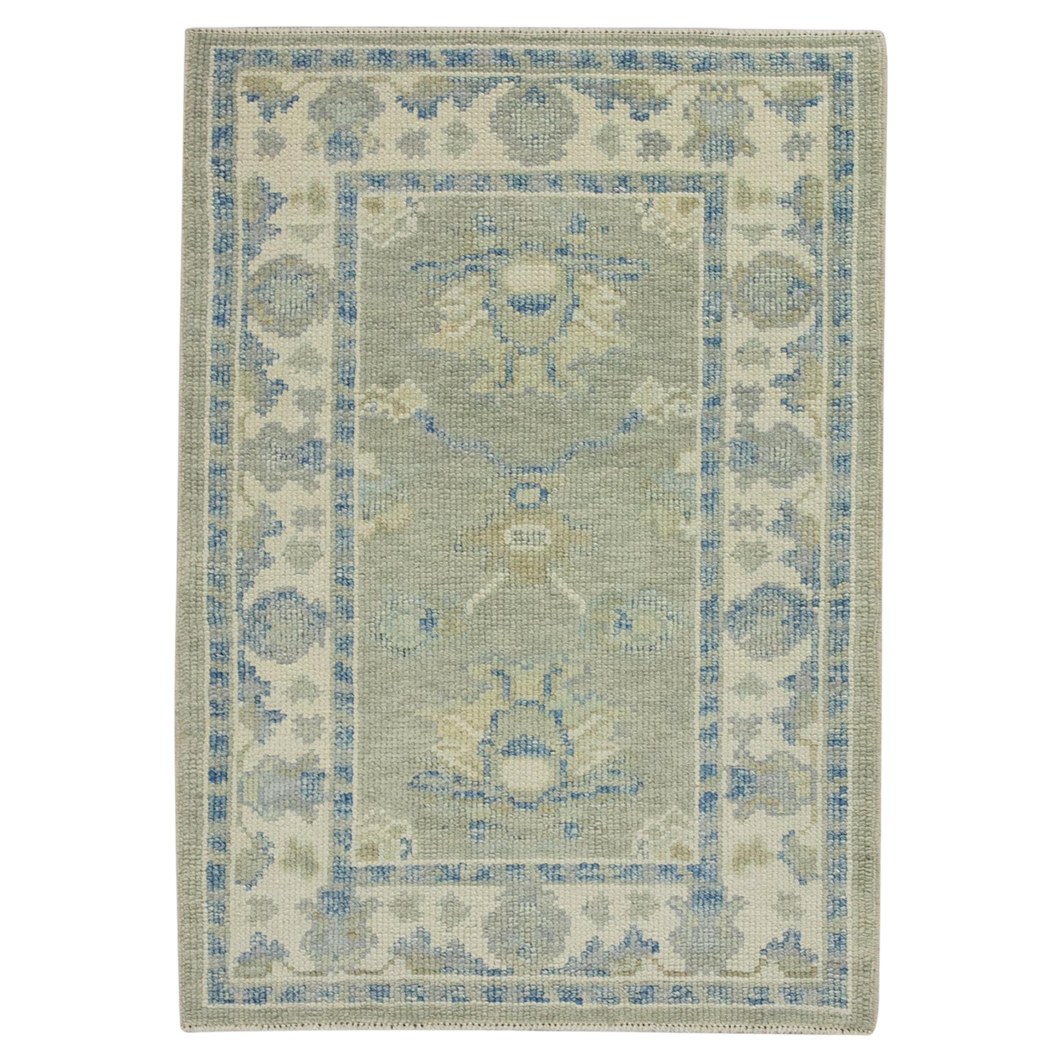 Blue & Green Floral Design Handwoven Wool Turkish Oushak Rug