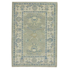 Blue & Green Floral Design Handwoven Wool Turkish Oushak Rug