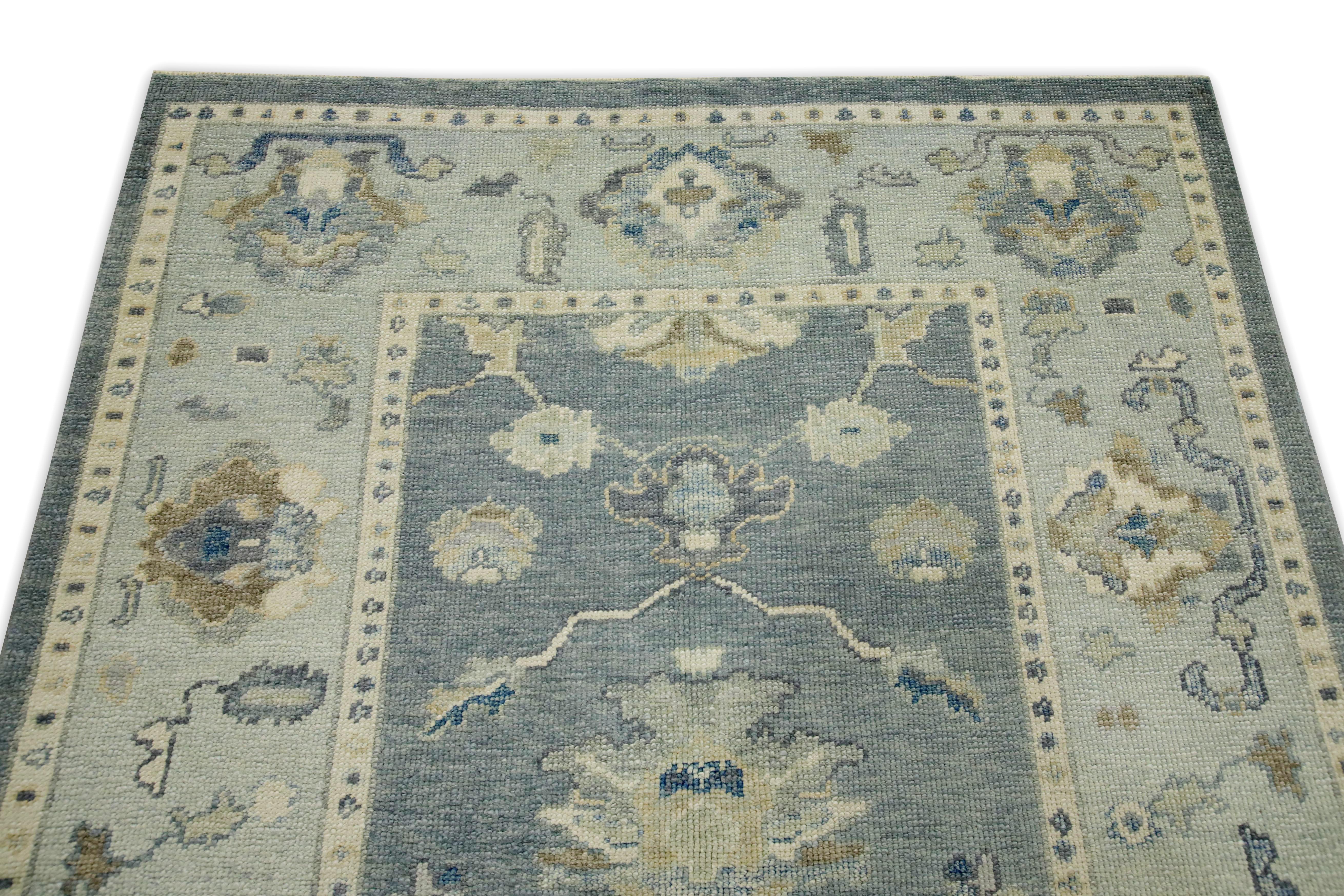 Blue & Green Floral Design Handwoven Wool Turkish Oushak Rug 4'11