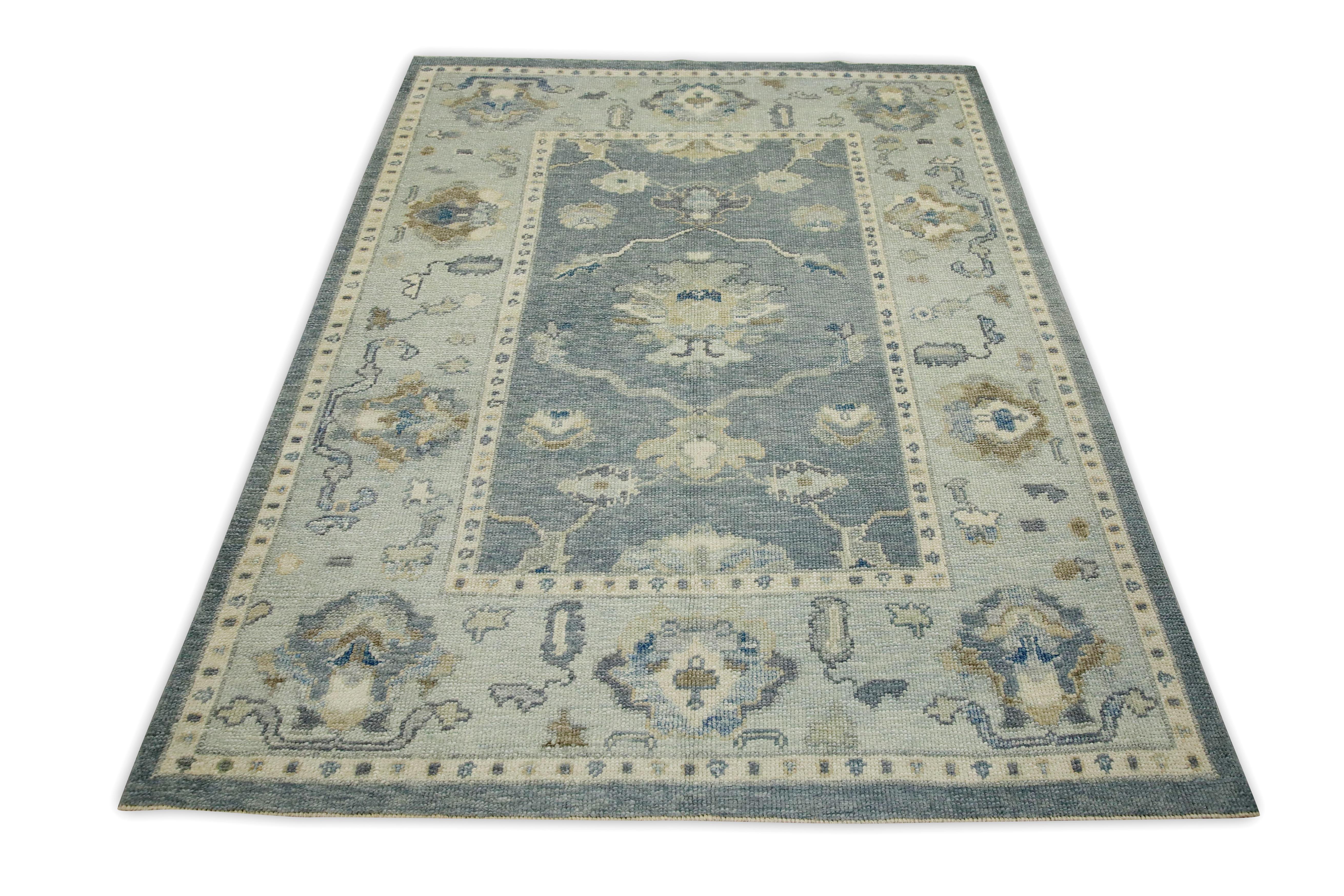 Contemporary Blue & Green Floral Design Handwoven Wool Turkish Oushak Rug 4'11