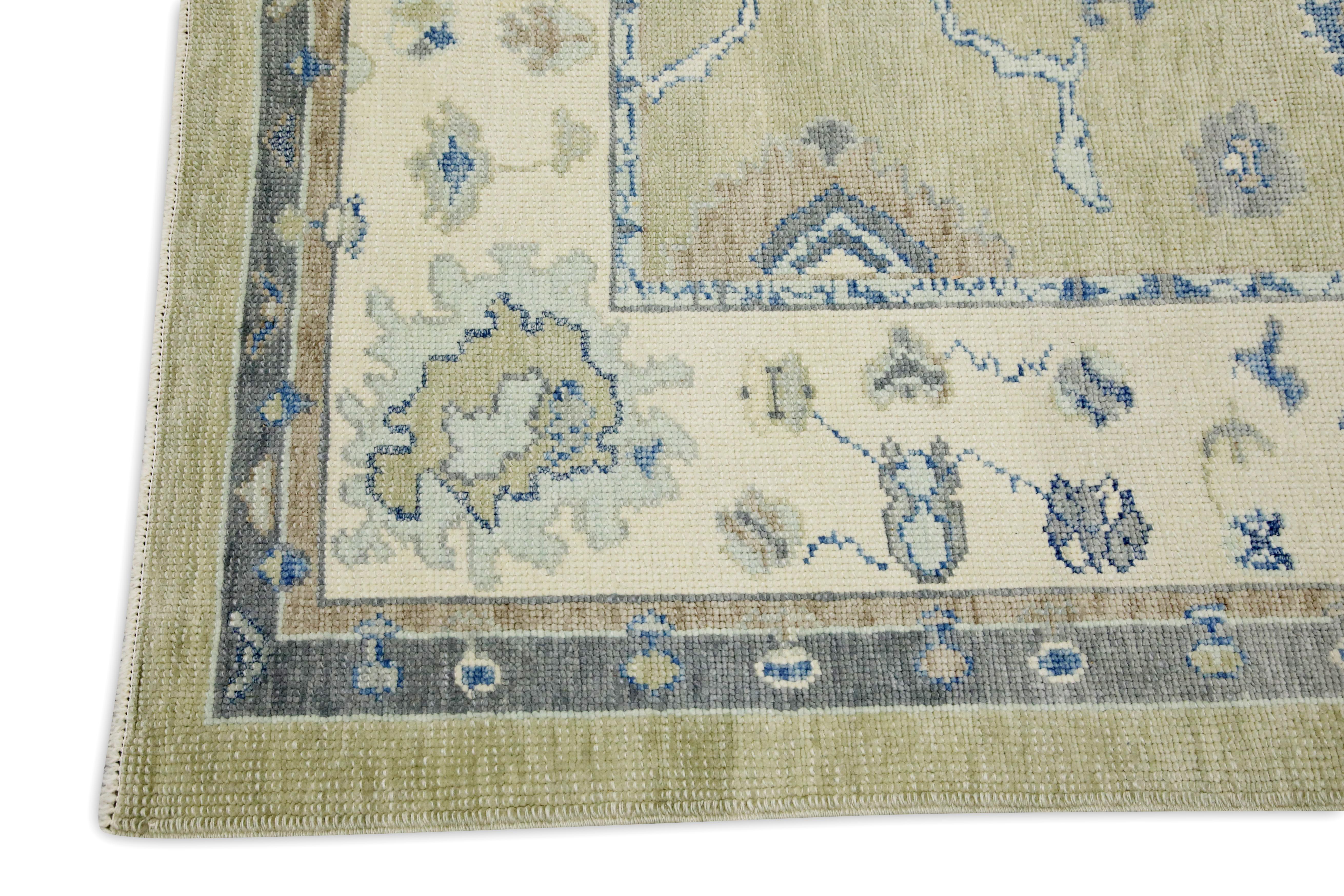 Vegetable Dyed Blue & Green Floral Design Handwoven Wool Turkish Oushak Rug 5' x 6'6