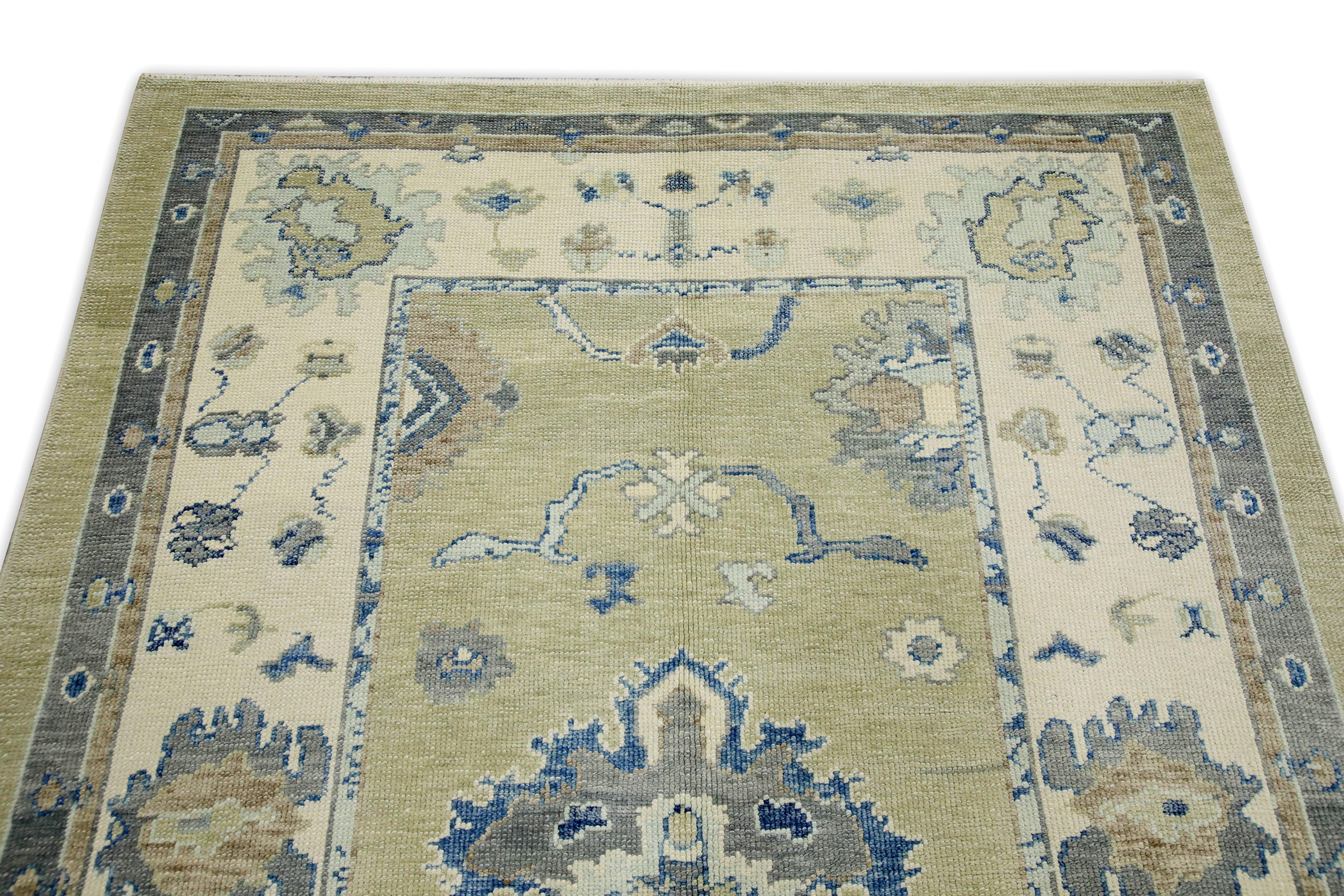 Blue & Green Floral Design Handwoven Wool Turkish Oushak Rug 5' x 6'6