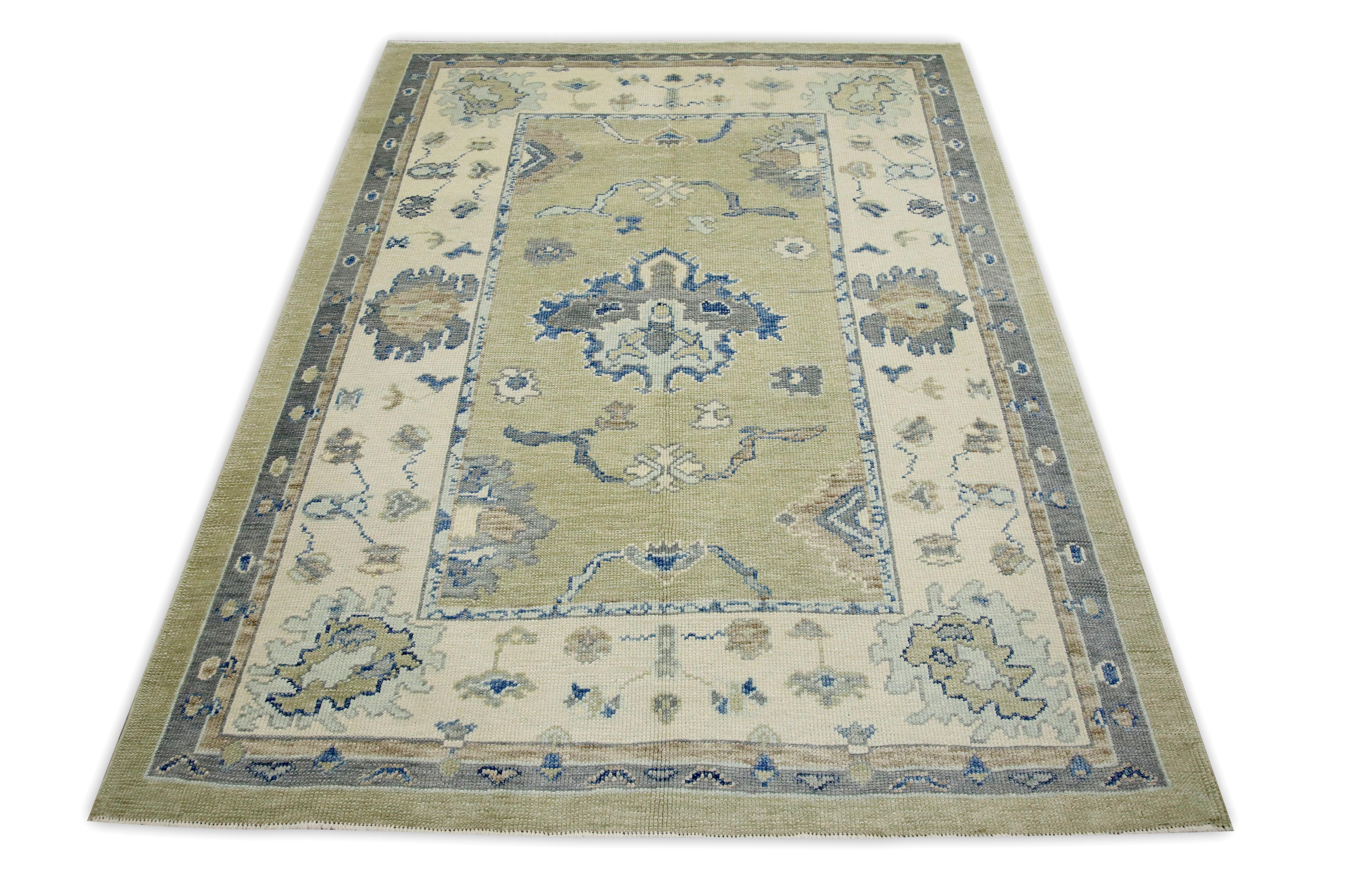 Contemporary Blue & Green Floral Design Handwoven Wool Turkish Oushak Rug 5' x 6'6