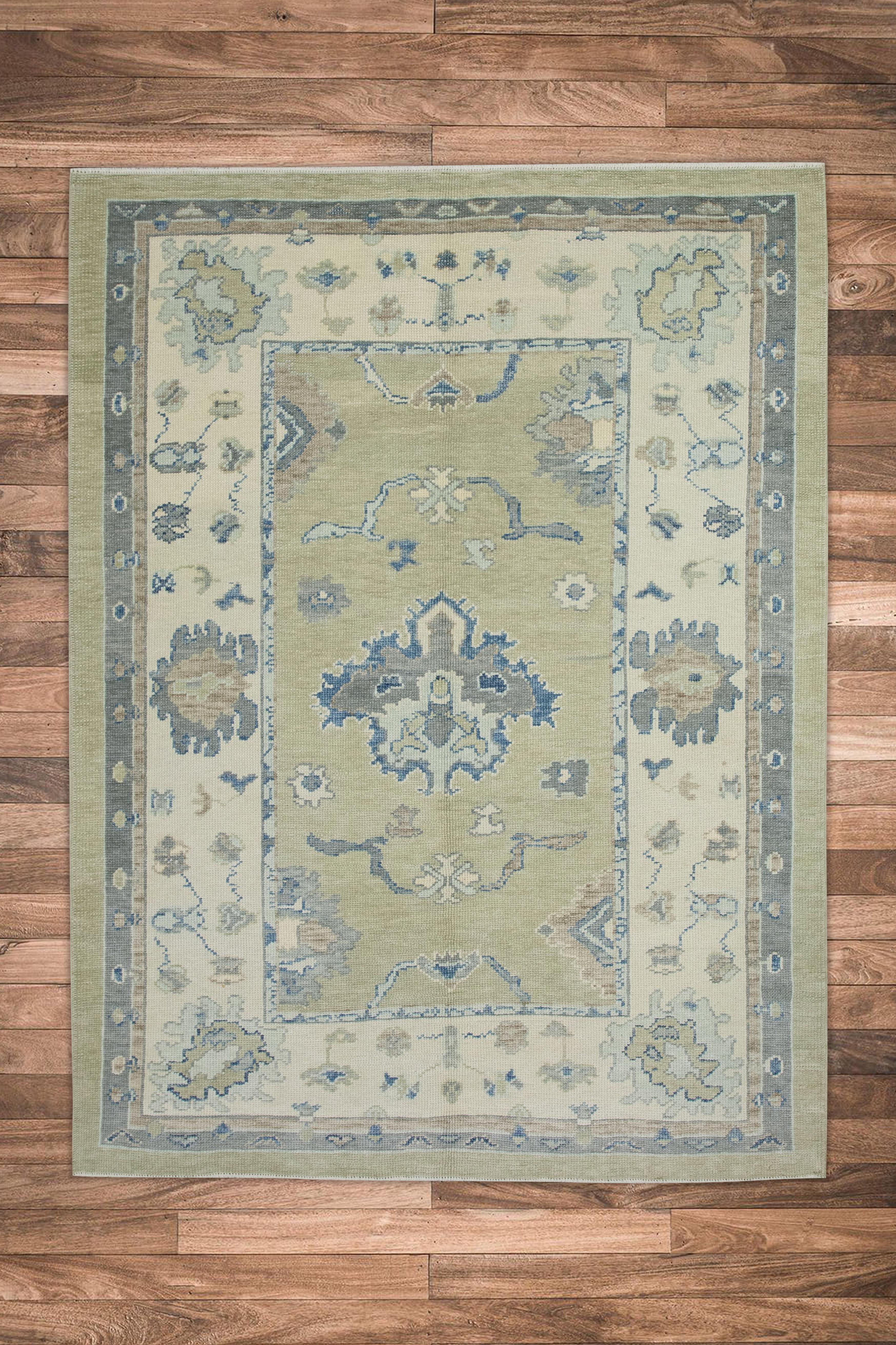 Blue & Green Floral Design Handwoven Wool Turkish Oushak Rug 5' x 6'6