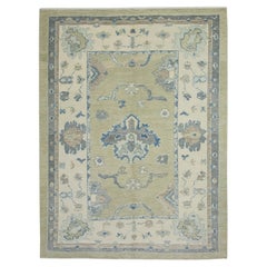 Blue & Green Floral Design Handwoven Wool Turkish Oushak Rug 5' x 6'6"