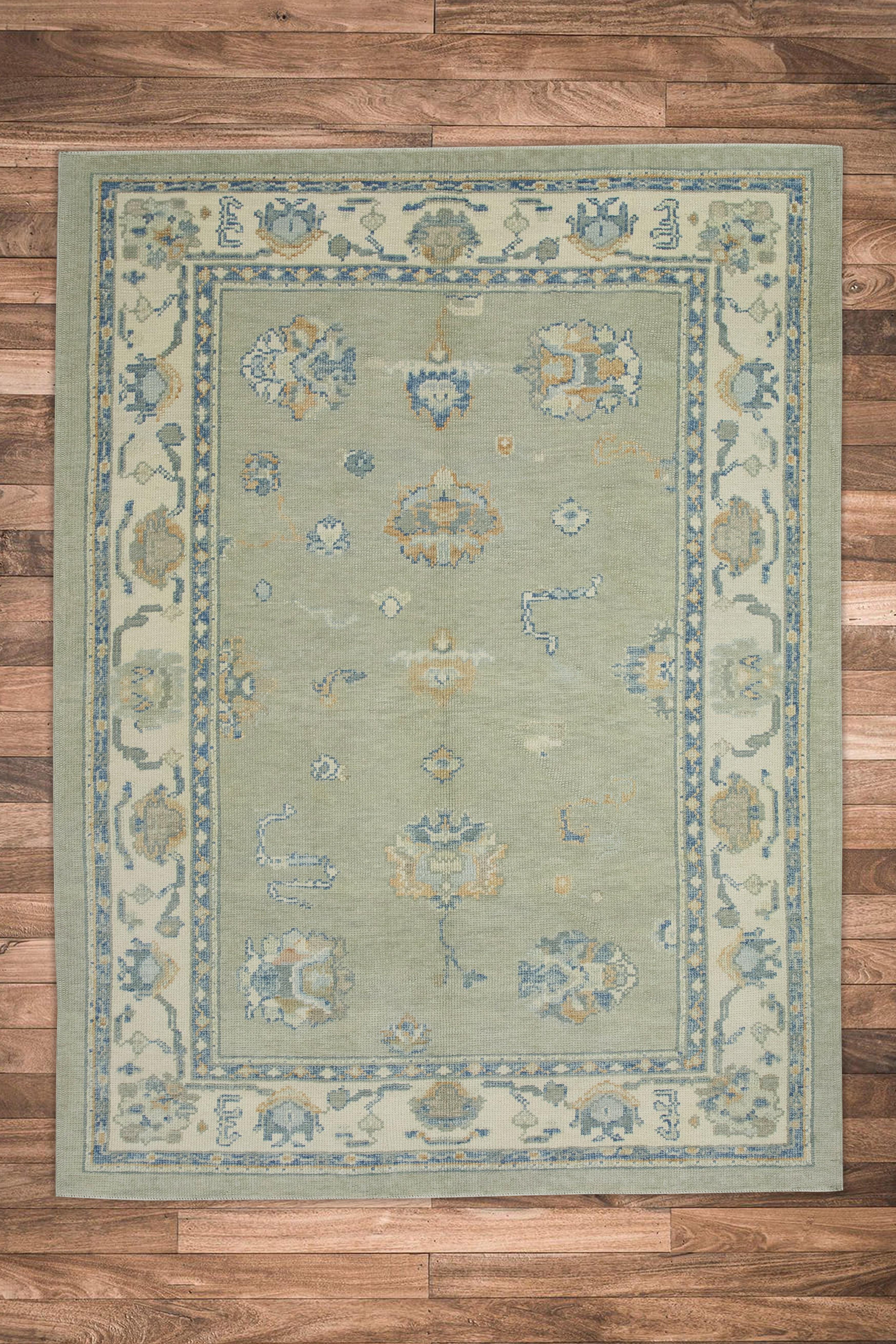 Blue & Green Floral Design Handwoven Wool Turkish Oushak Rug 5'1