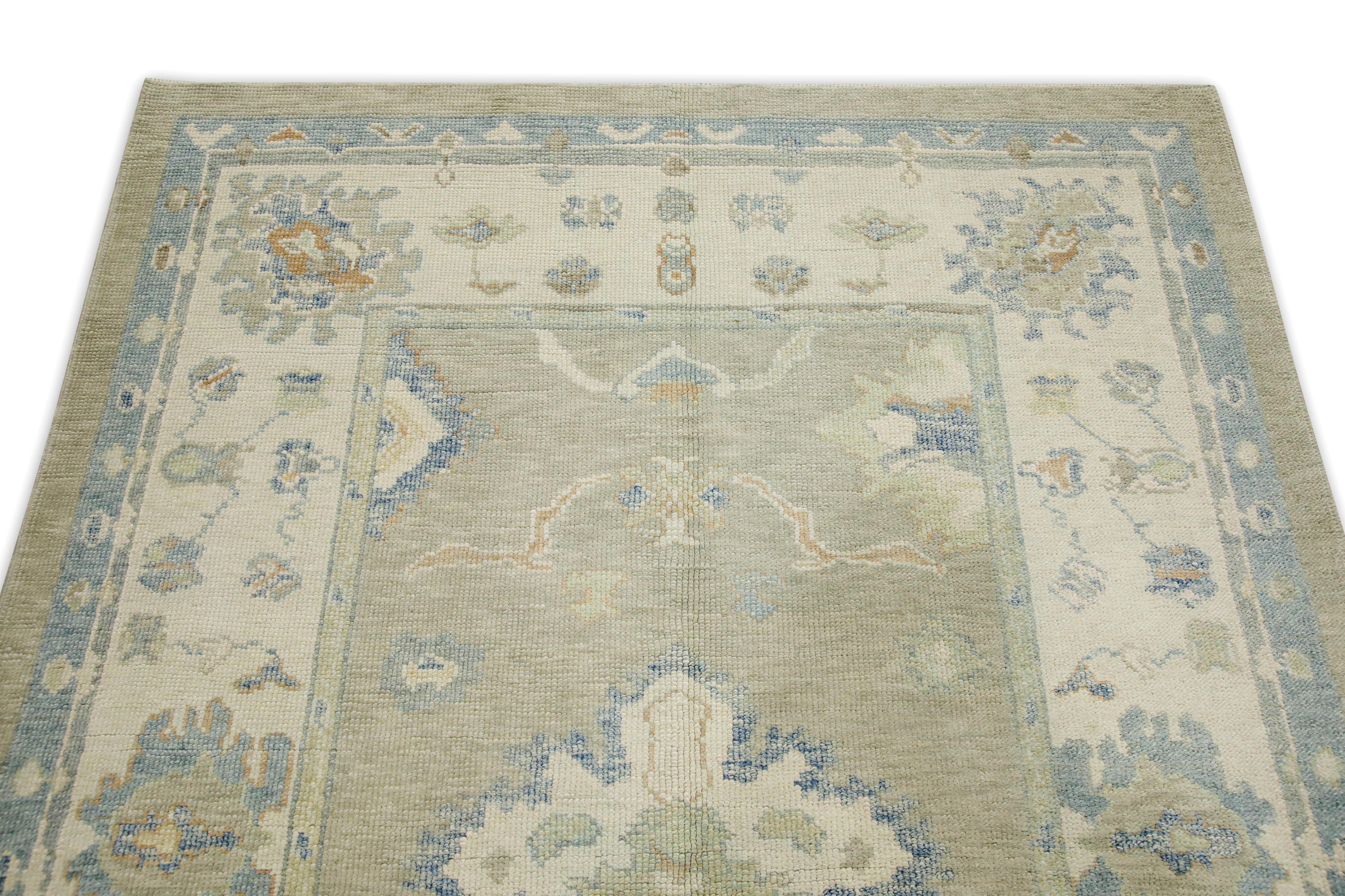 Blue & Green Floral Design Handwoven Wool Turkish Oushak Rug 5'1