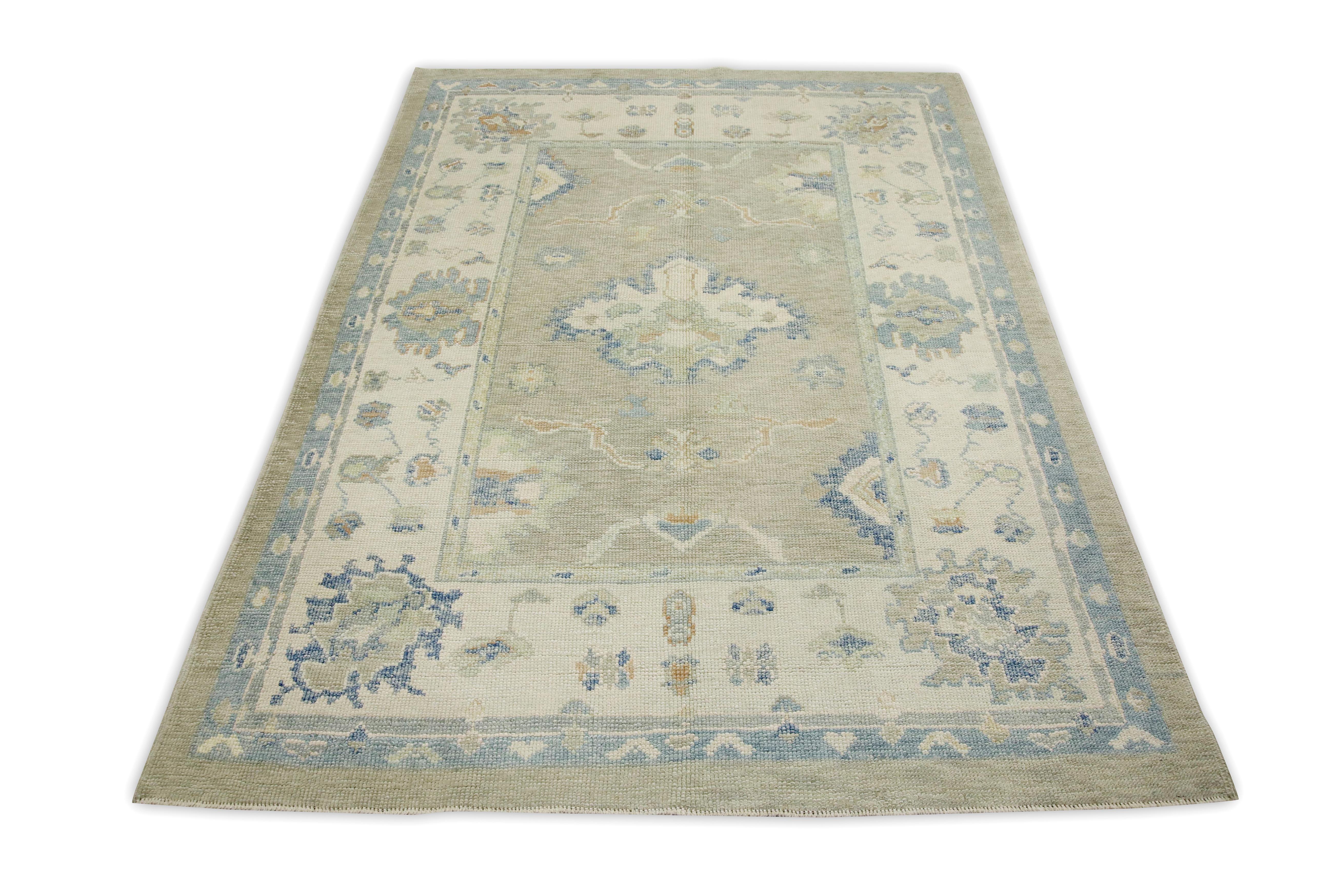 Contemporary Blue & Green Floral Design Handwoven Wool Turkish Oushak Rug 5'1