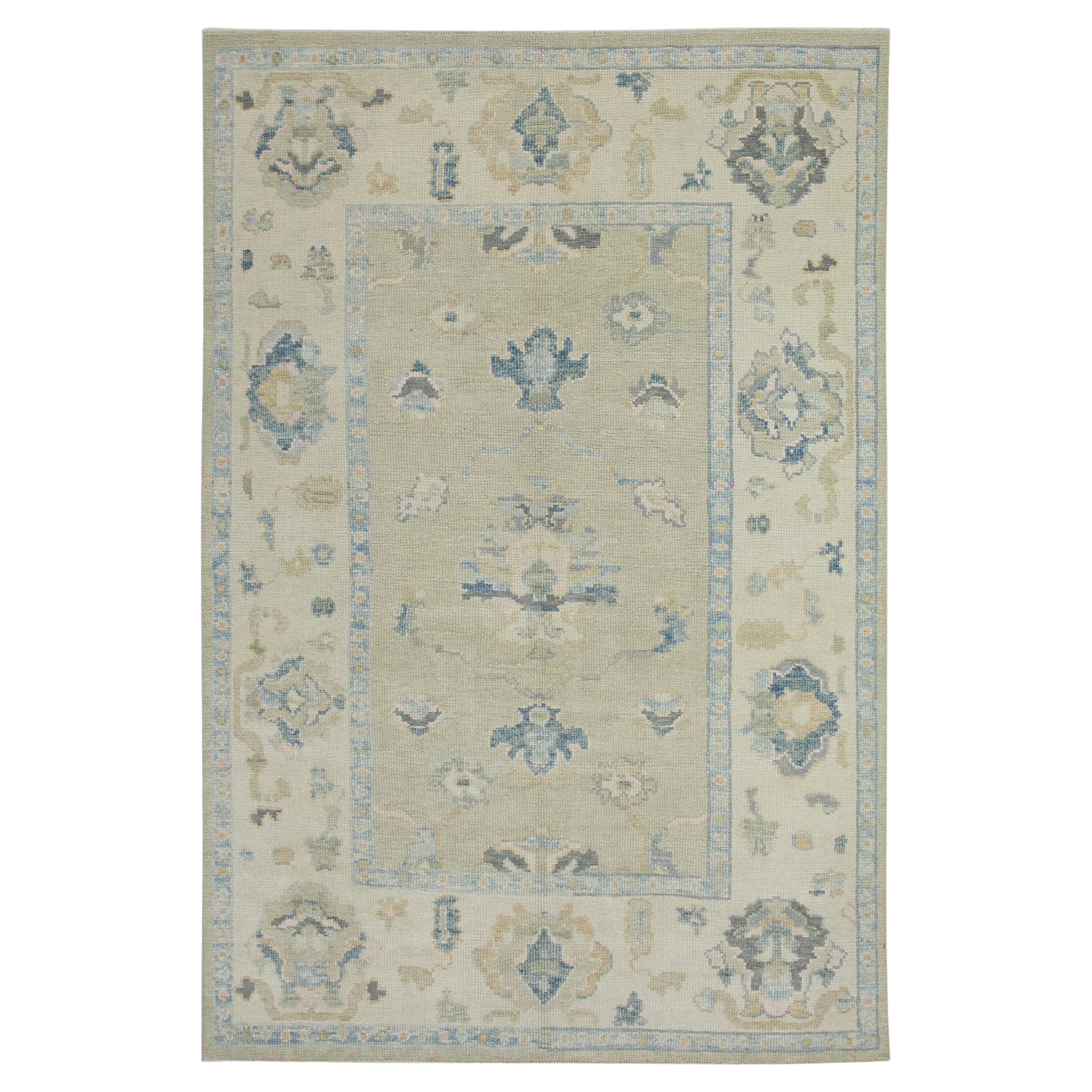 Blue & Green Floral Design Handwoven Wool Turkish Oushak Rug 5'1" x 6'9" For Sale