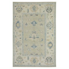 Blue & Green Floral Design Handwoven Wool Turkish Oushak Rug 5'1" x 6'9"