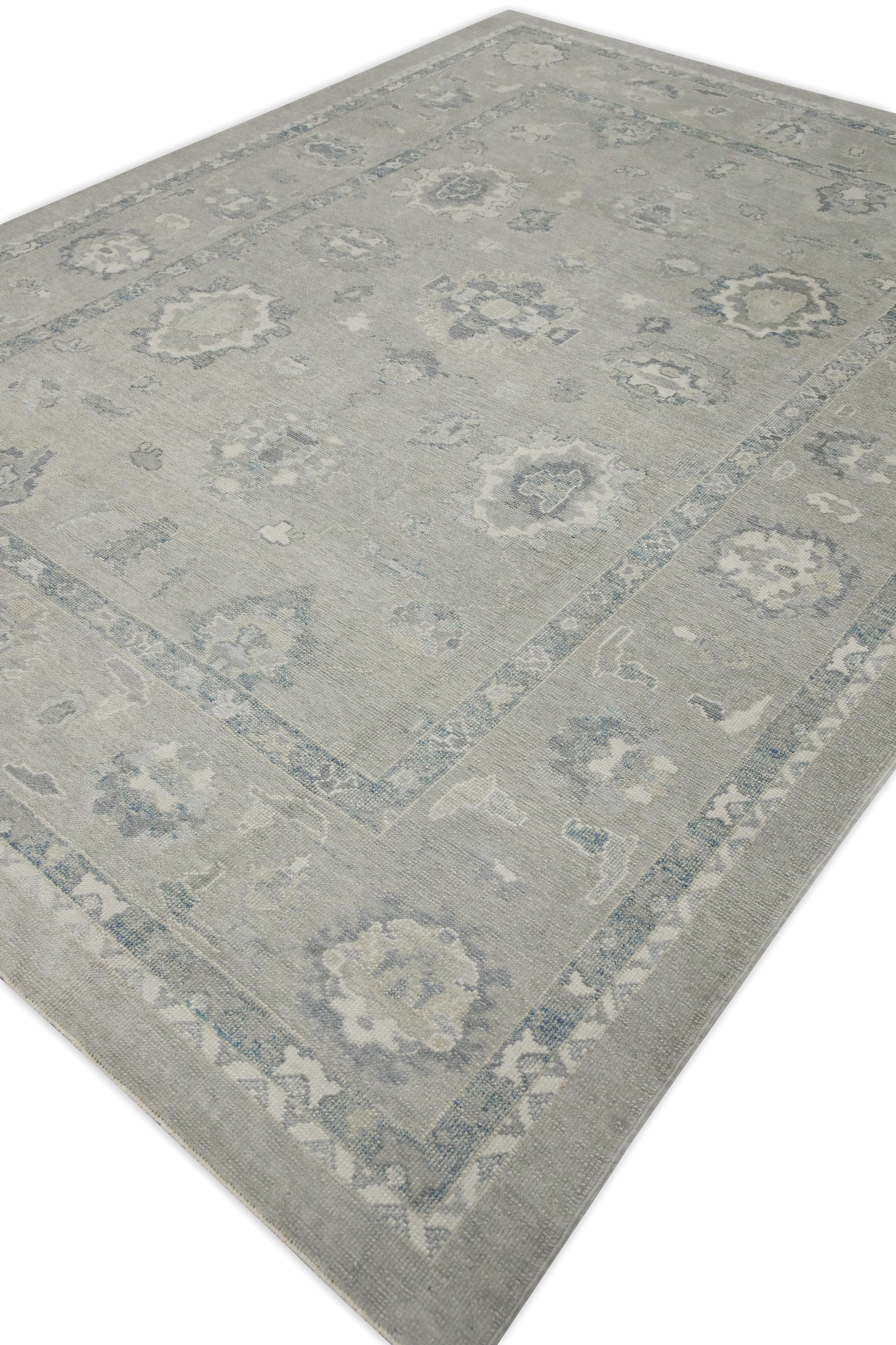 Handgewebter türkischer Oushak-Teppich aus Wolle in Blau & Grün mit Blumenmuster 8'10