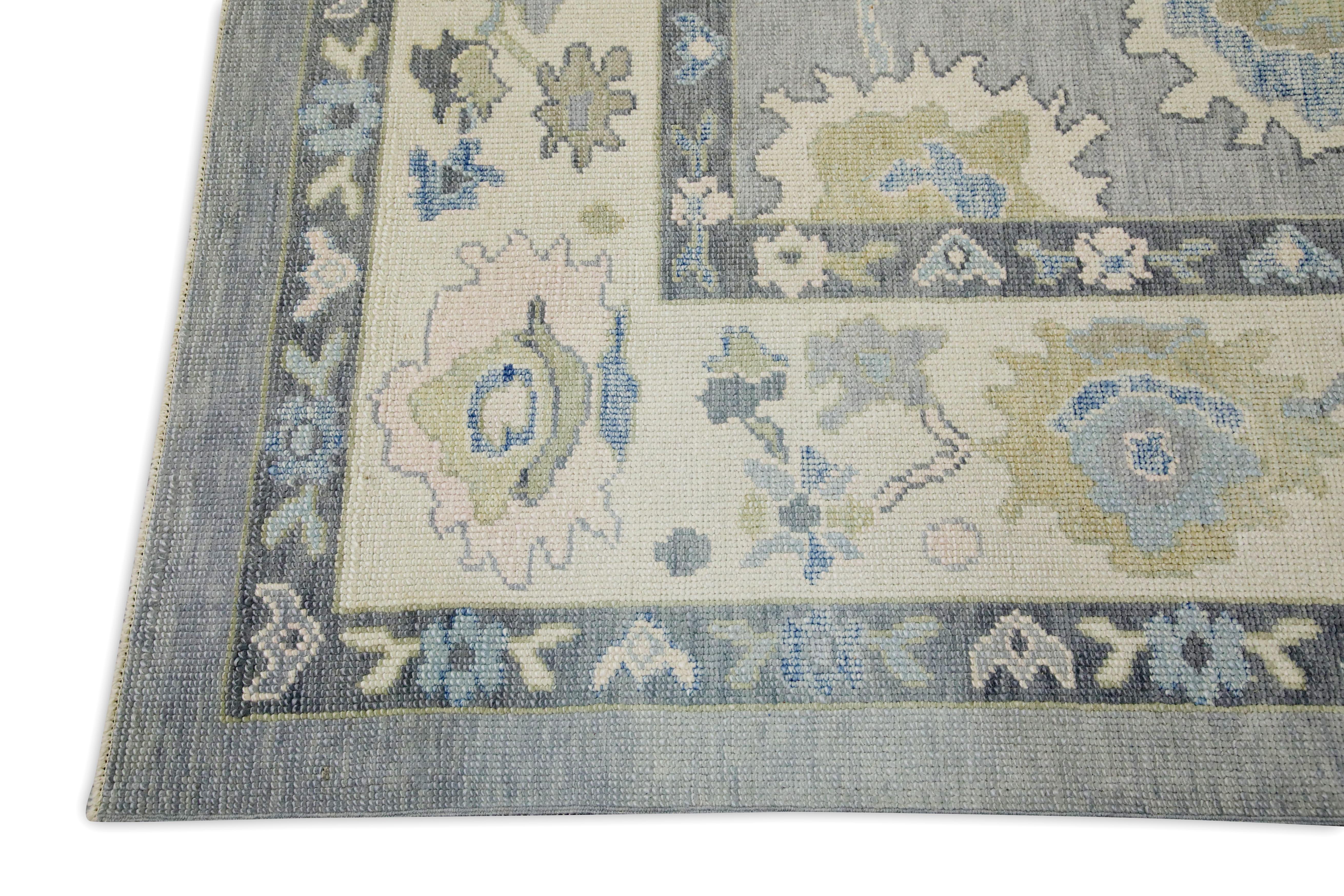 Vegetable Dyed Blue & Green Floral Design Handwoven Wool Turkish Oushak Rug 8'3