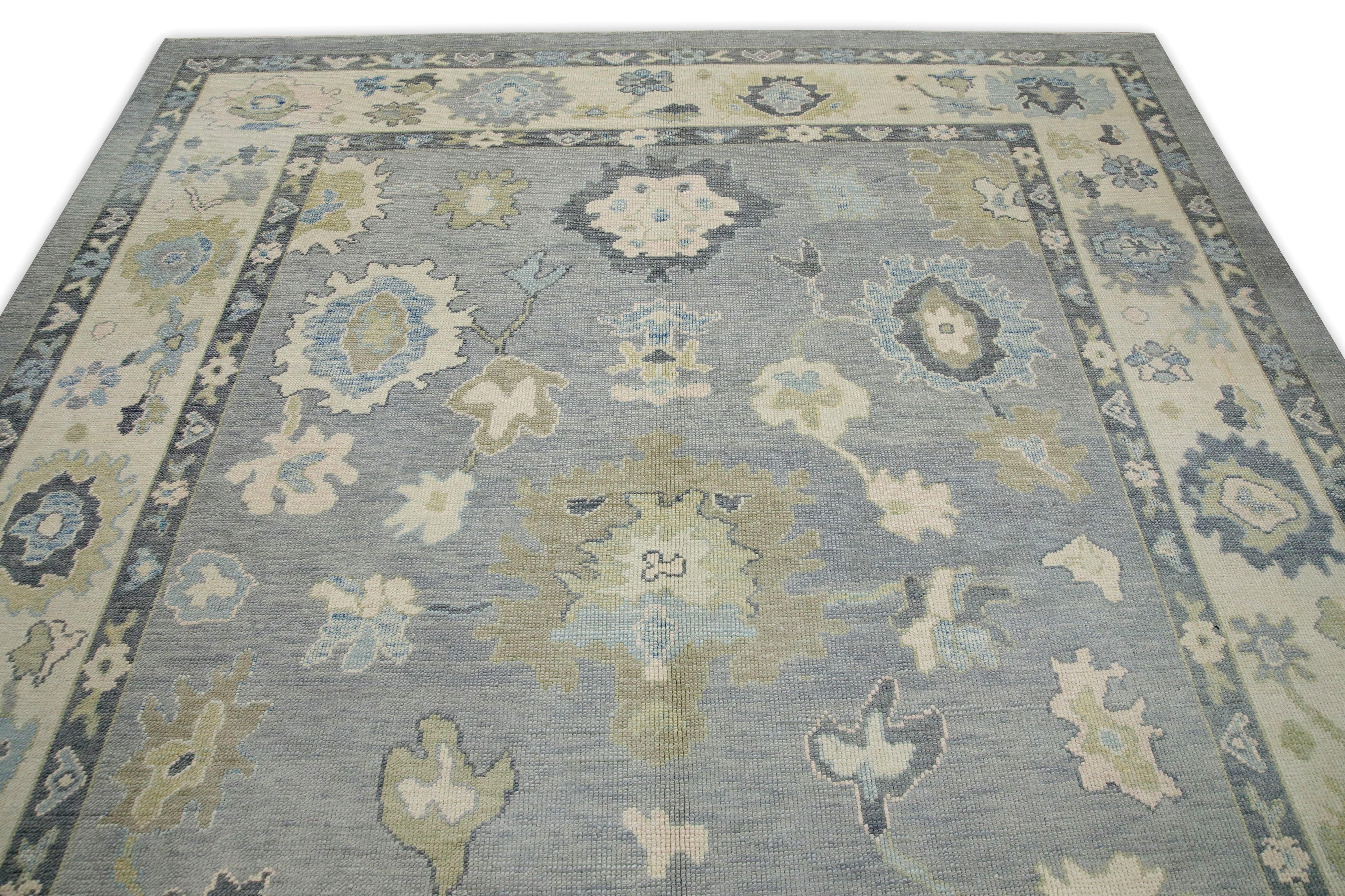 Blue & Green Floral Design Handwoven Wool Turkish Oushak Rug 8'3