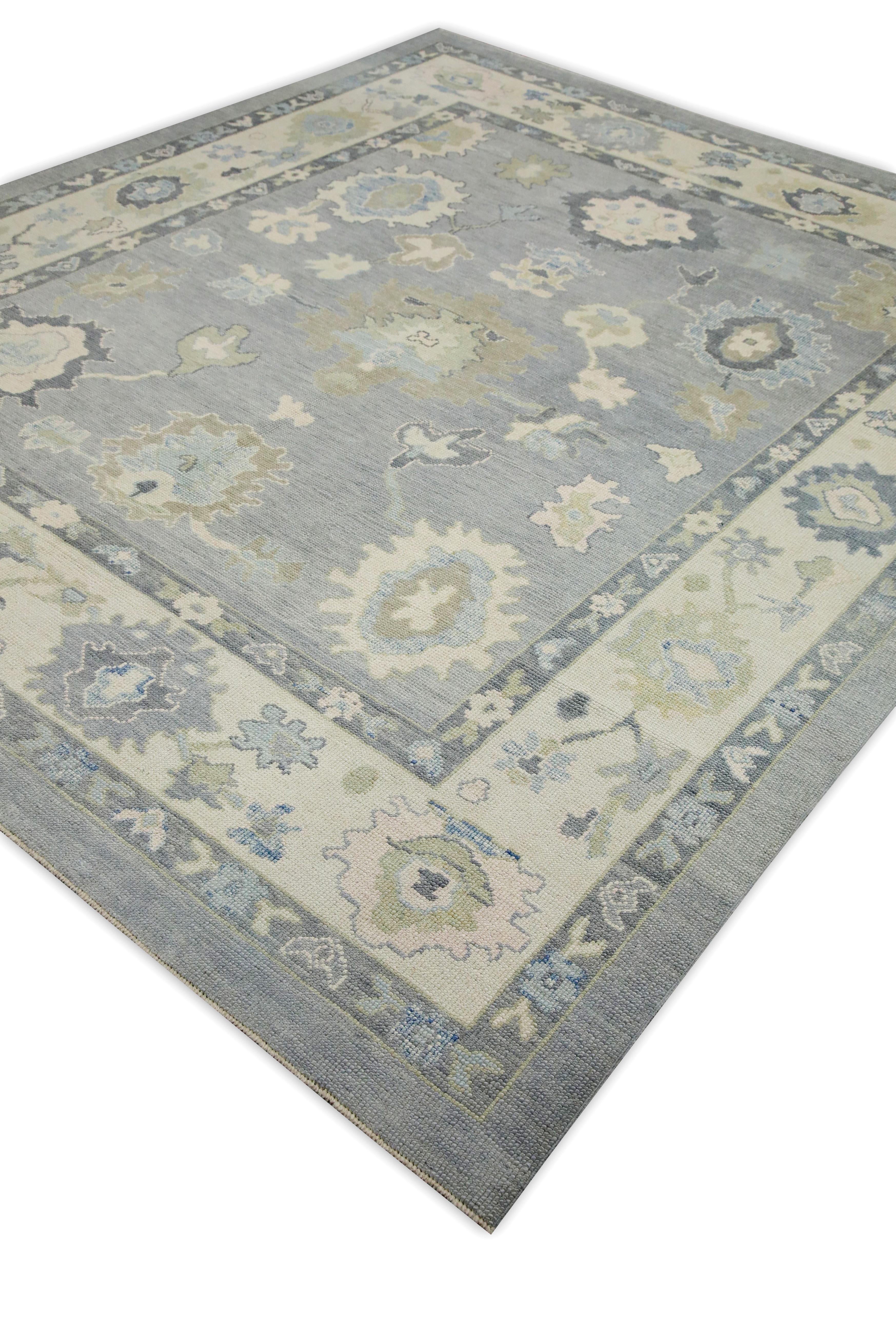 Contemporary Blue & Green Floral Design Handwoven Wool Turkish Oushak Rug 8'3