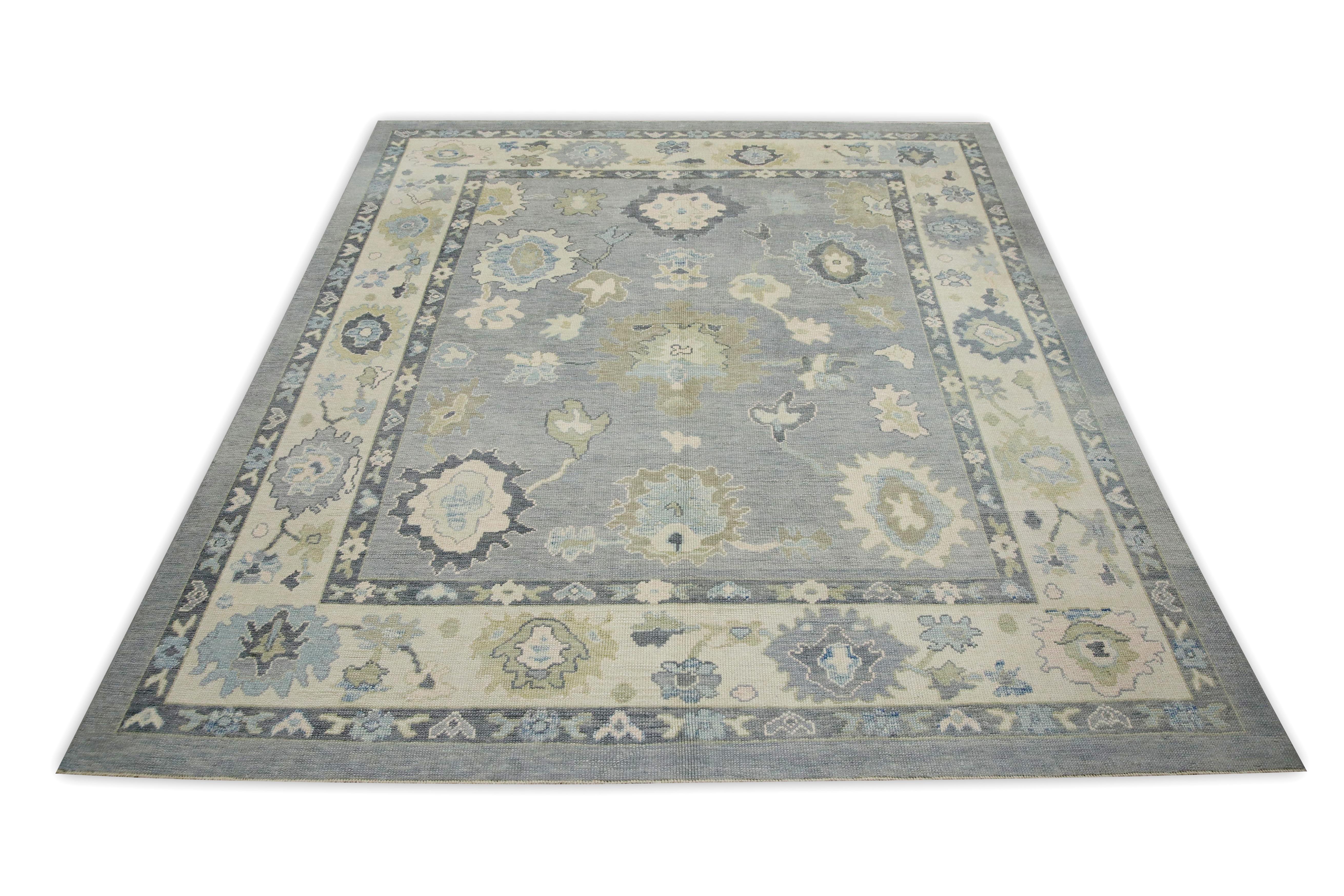 Blue & Green Floral Design Handwoven Wool Turkish Oushak Rug 8'3