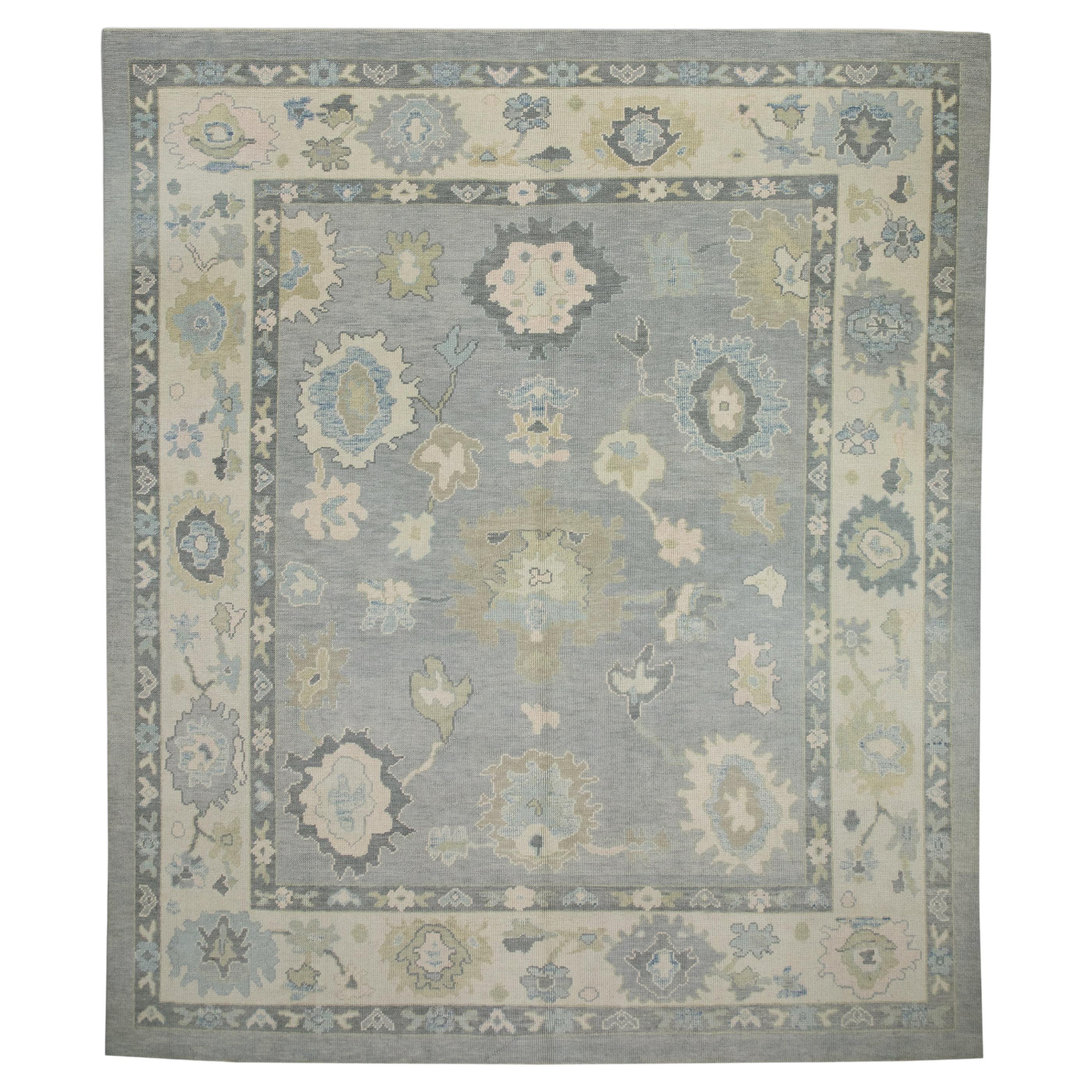 Blue & Green Floral Design Handwoven Wool Turkish Oushak Rug 8'3" x 9'7"